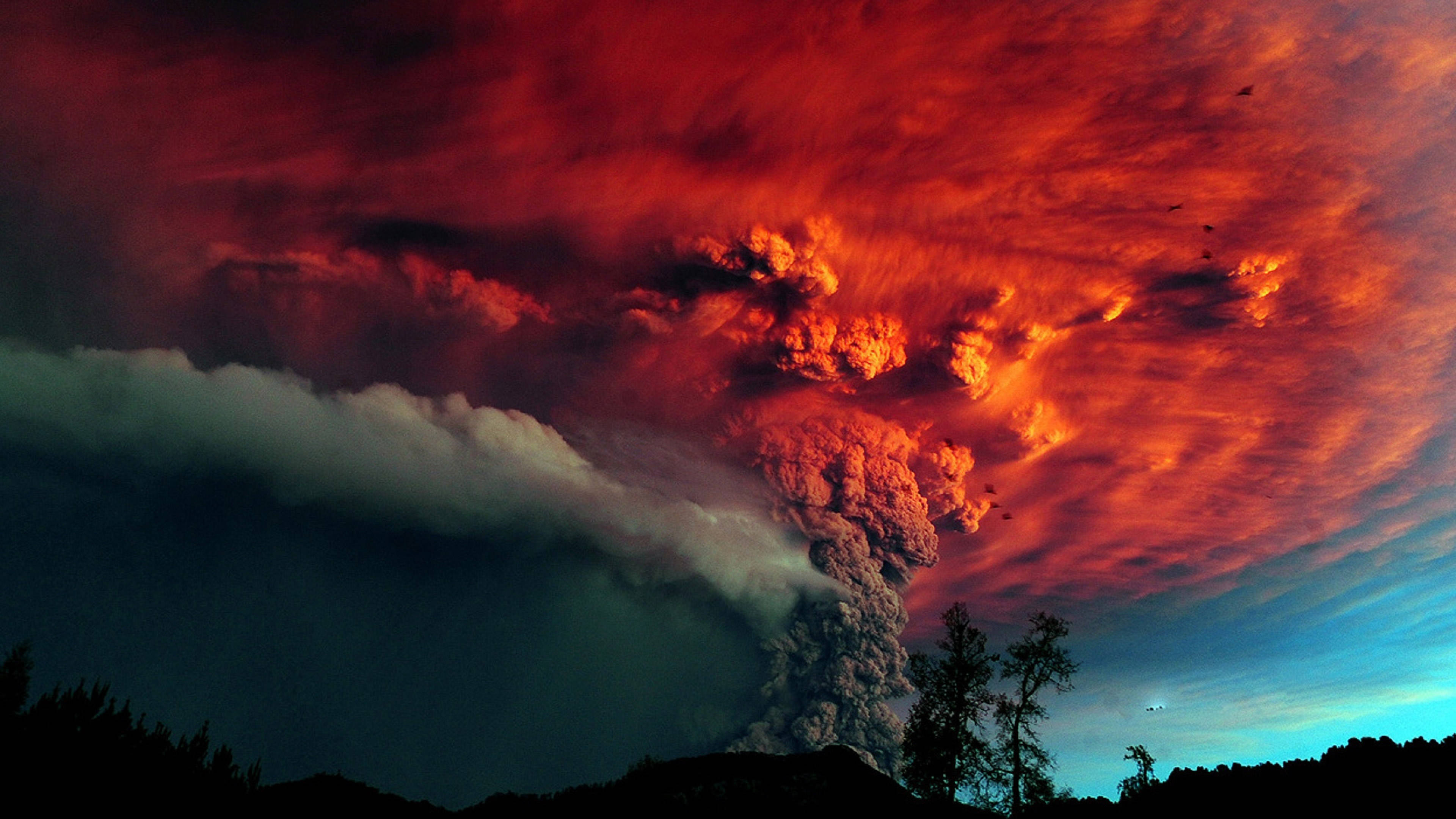 Volcano 桌布 壁紙 — 火山爆發將熾熱的紅色和橙色火山灰噴向暮色天空，下方是剪影般的樹木。