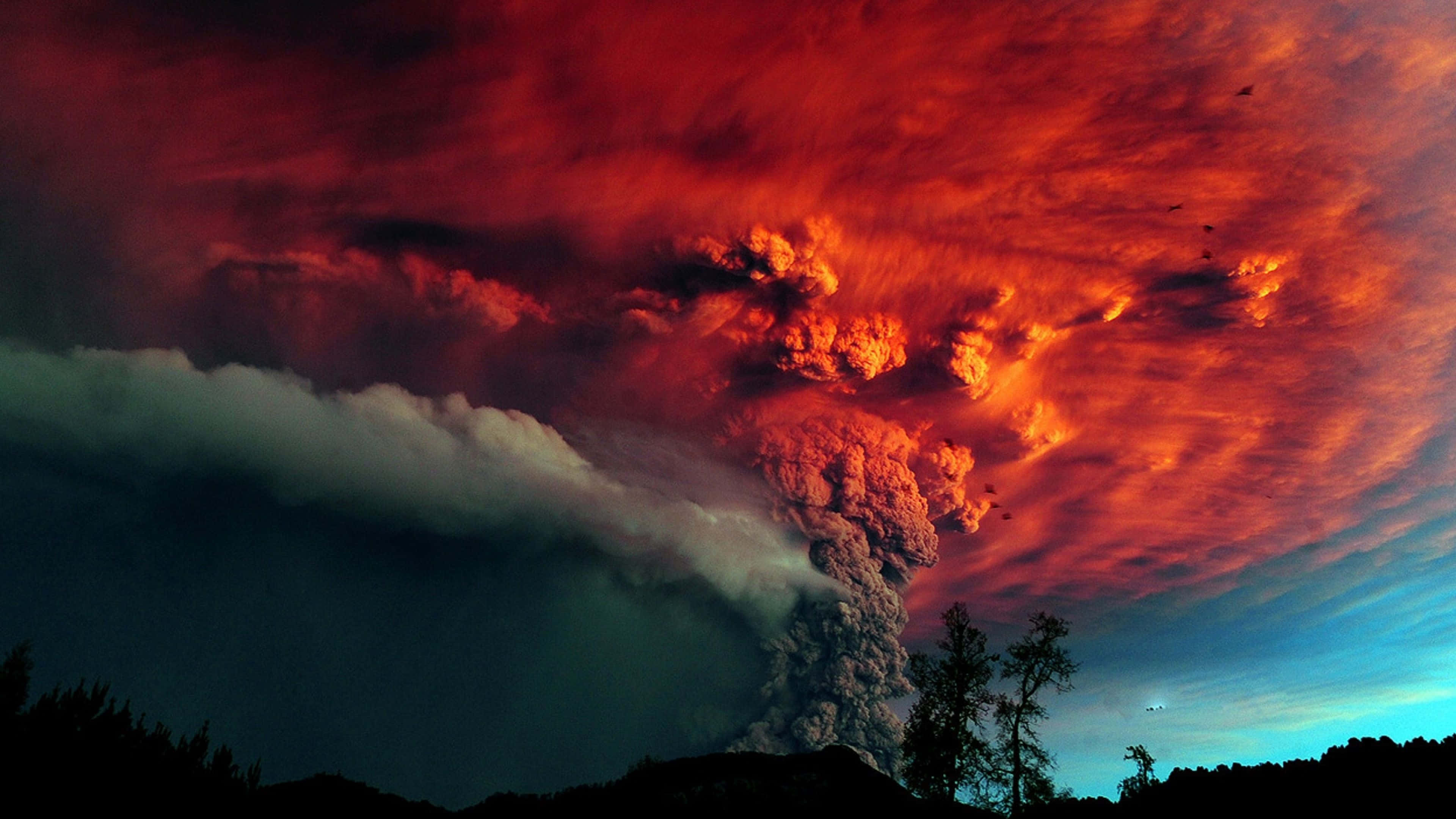 4K Display 桌布 壁紙 — 火山爆發將熾熱的紅色和橙色火山灰噴向暮色天空，下方是剪影般的樹木。