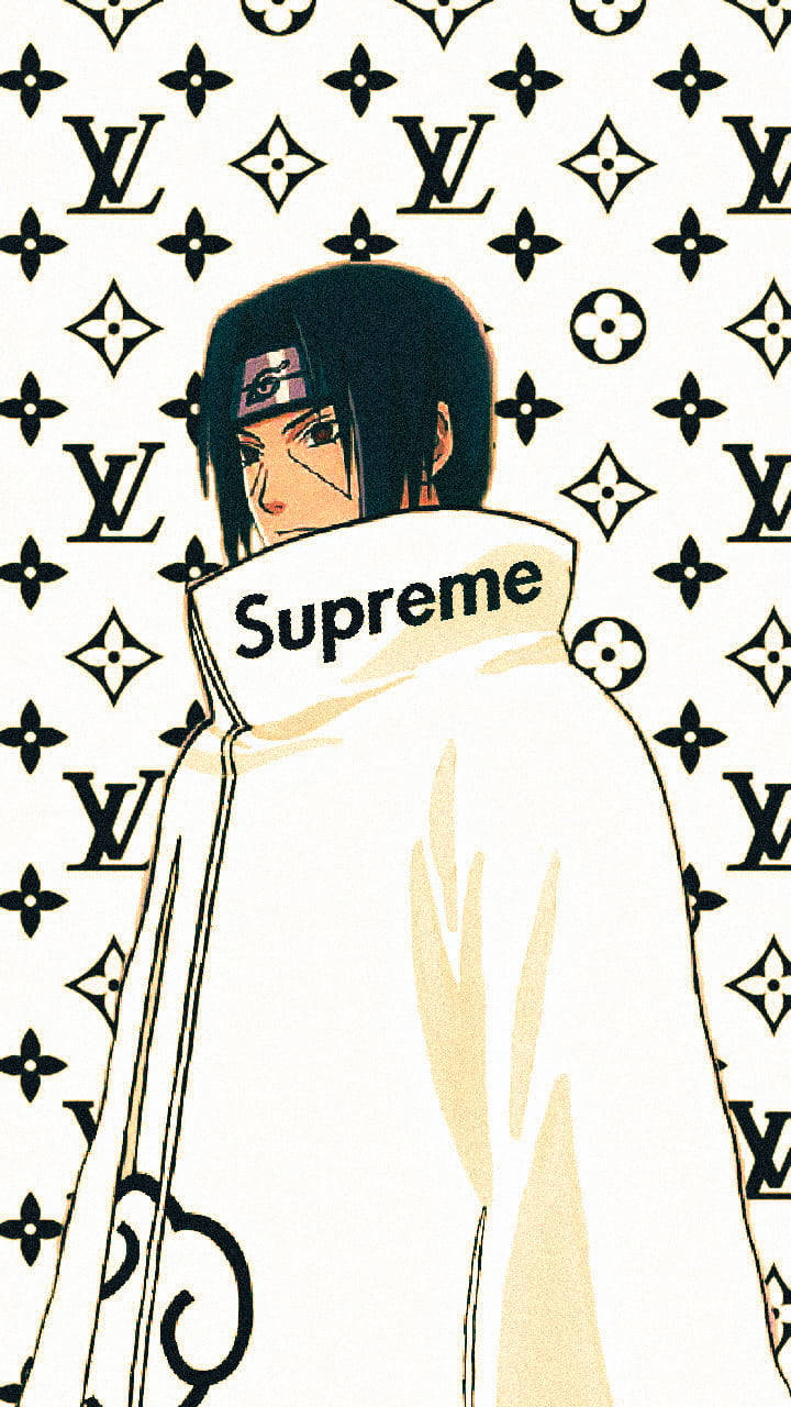 火影忍者 Supreme 伊達白 壁紙 — 動漫角色宇智波佐助穿著白色Supreme連帽衫，背景為黑色Louis Vuitton monogram圖案。