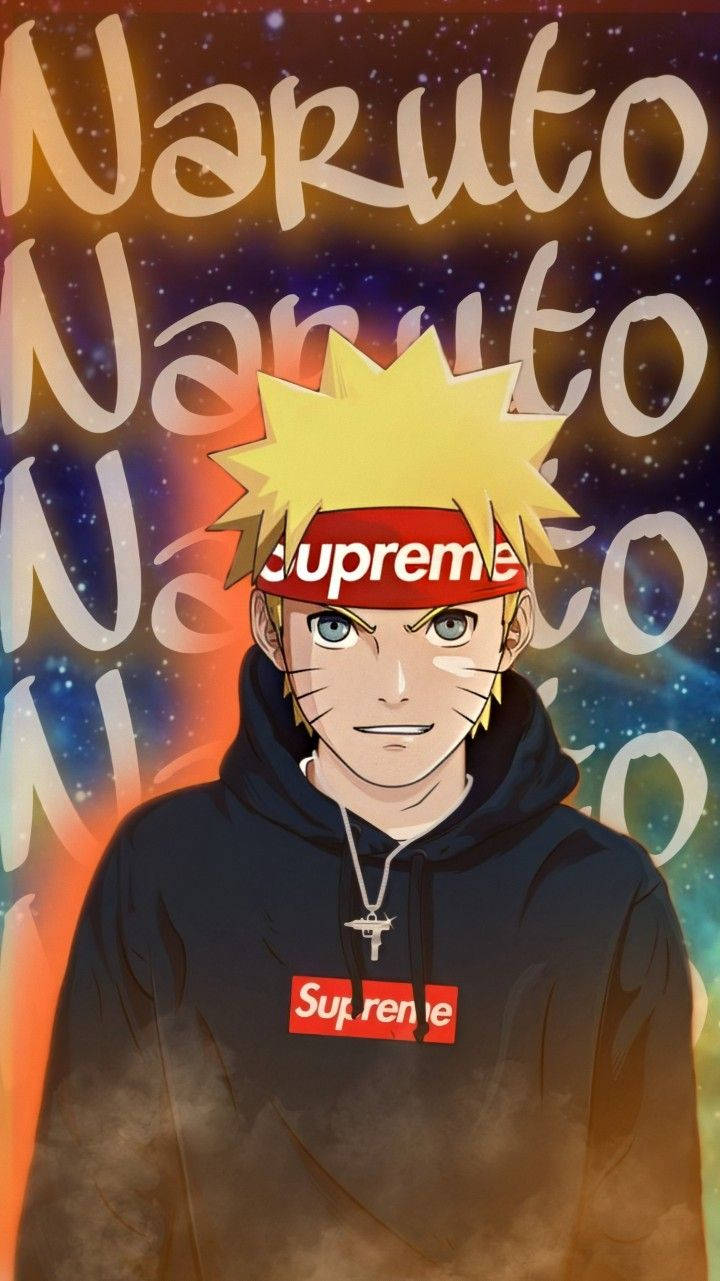 火影忍者 Supreme 名字 壁紙 — 動漫角色鳴人穿著黑色Supreme連帽衫，背景為宇宙，帶有重複的鳴人文字。