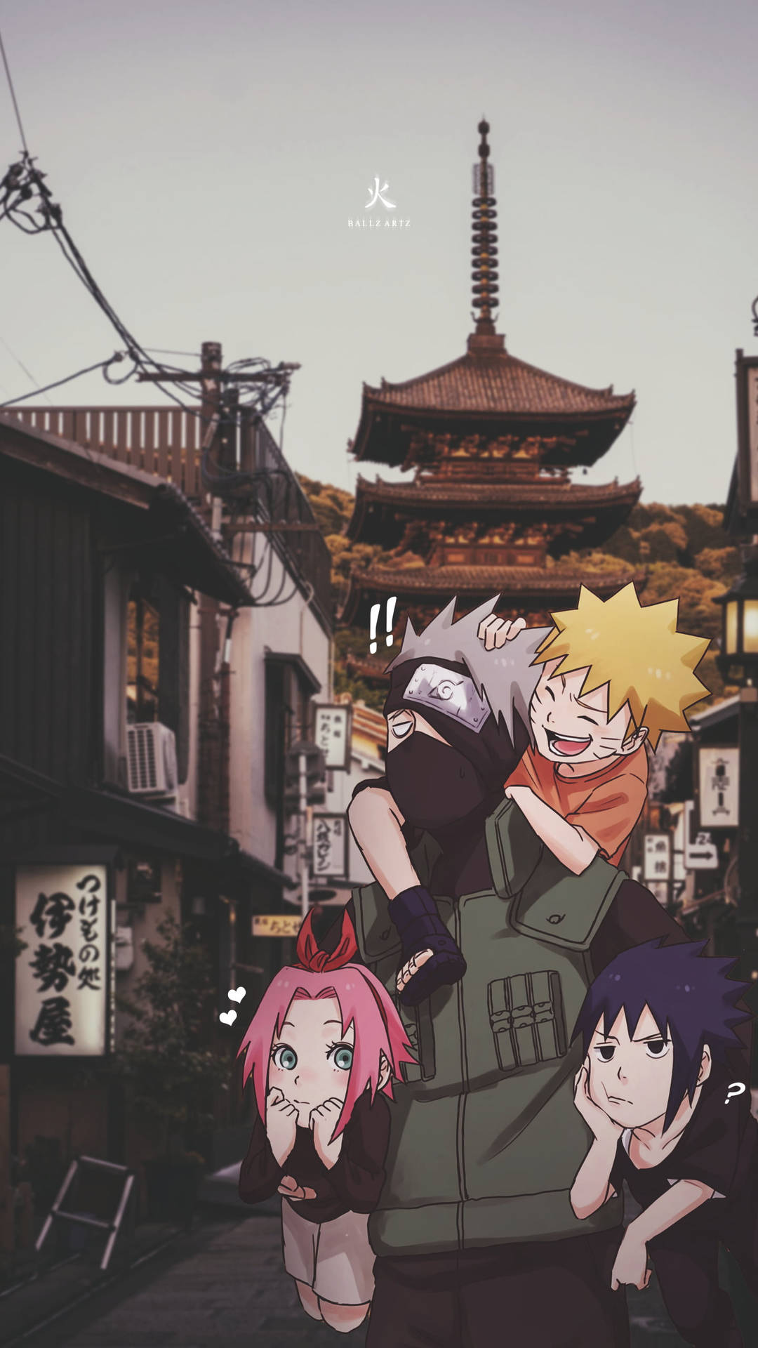 火影忍者 Team 7 懶散 iPhone 壁紙 — 來自《火影忍者》的動漫角色站在日本街道上，背景有寶塔，在柔和暮光下。