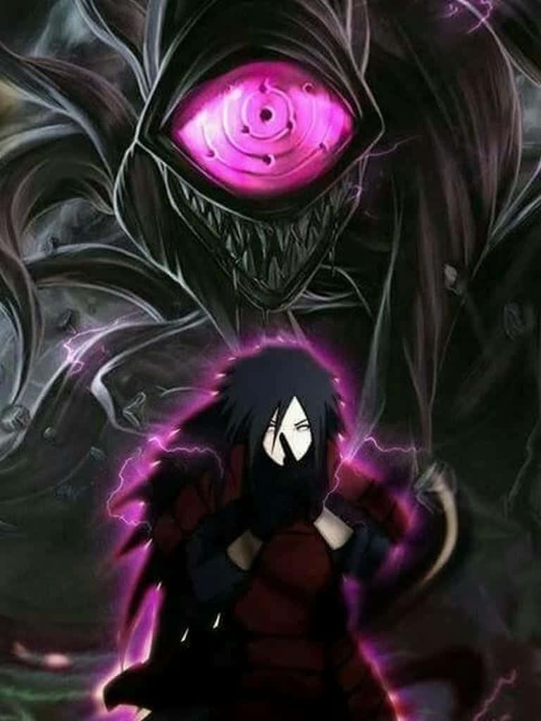 《火影忍者》中 Madara Uchiha 全力展現 - 獨特動漫藝術 壁紙 — 一個擁有發光紫色眼睛和閃電的黑暗動漫角色，站在一個只有一隻巨大粉紅色眼睛的怪物陰影實體面前。