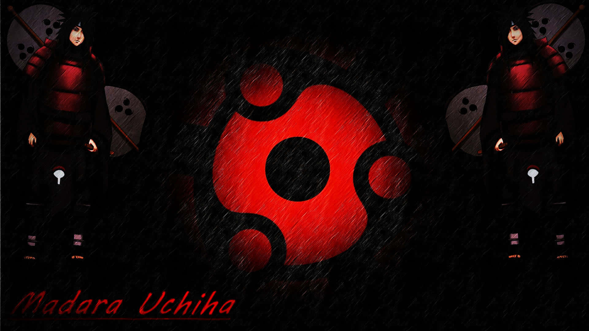 《火影忍者》中 Madara Uchiha 的威嚴形象 壁紙 — 一個黑暗的雨景，宇智波斑被他的影分身包圍，中央有一個發光的紅色輪迴眼符號。