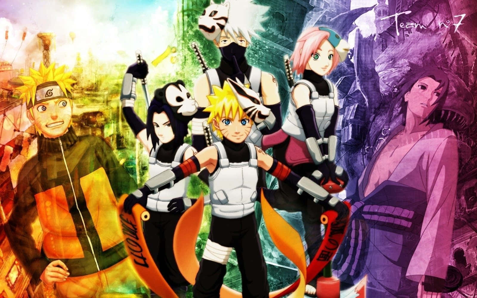 《火影忍者》中的 Team 7 全體成員 壁紙 — 第七班的鮮豔動漫角色在色彩繽紛的抽象背景和動態燈光下英勇站立。