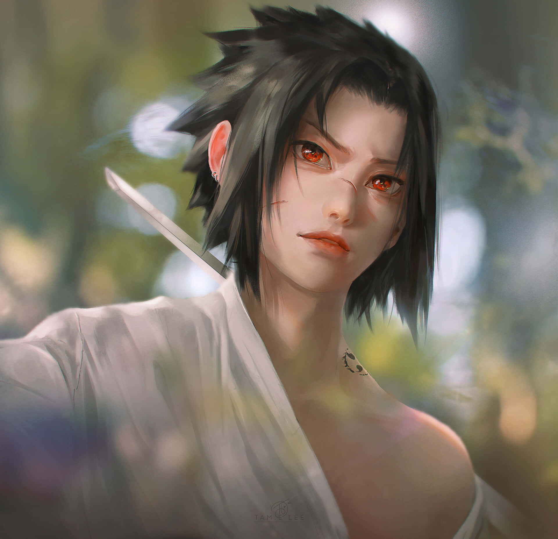 森林環境中，紅眼持劍的動漫角色