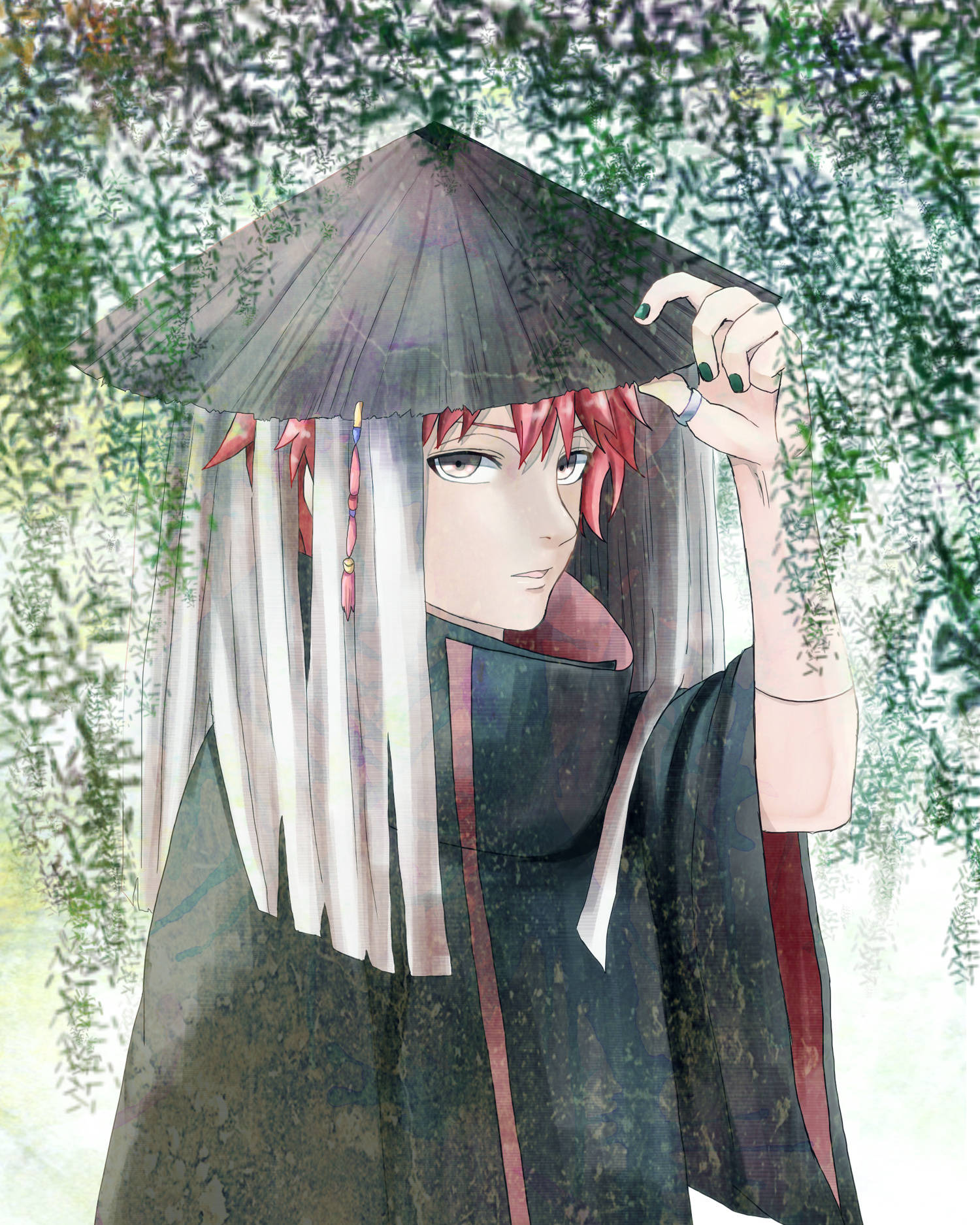 《火影忍者》傀儡師紗羅妲 壁紙 — 一個紅髮動漫角色，身穿深色長袍和傳統帽子，站在茂密的綠色樹葉中，帶有柔和的水彩燈光。