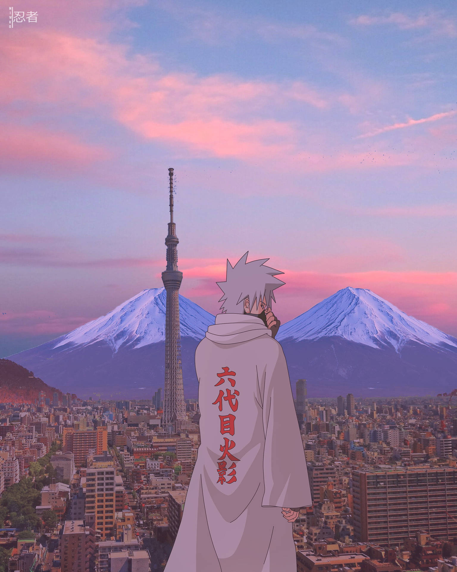 身穿白色斗篷的動漫角色俯瞰東京，富士山和晴空塔在夕陽下。