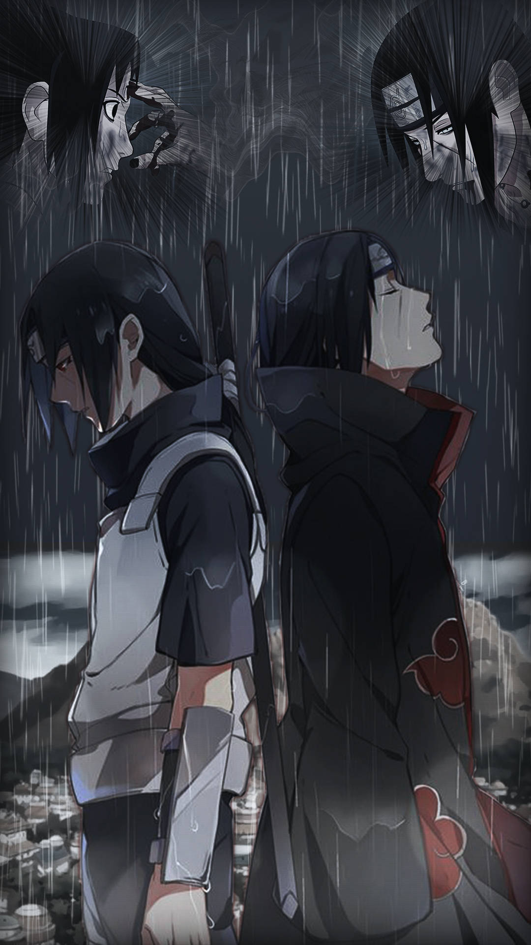兩個動漫角色背對背站在暴風雨中，幽靈般的身影在他們上方。