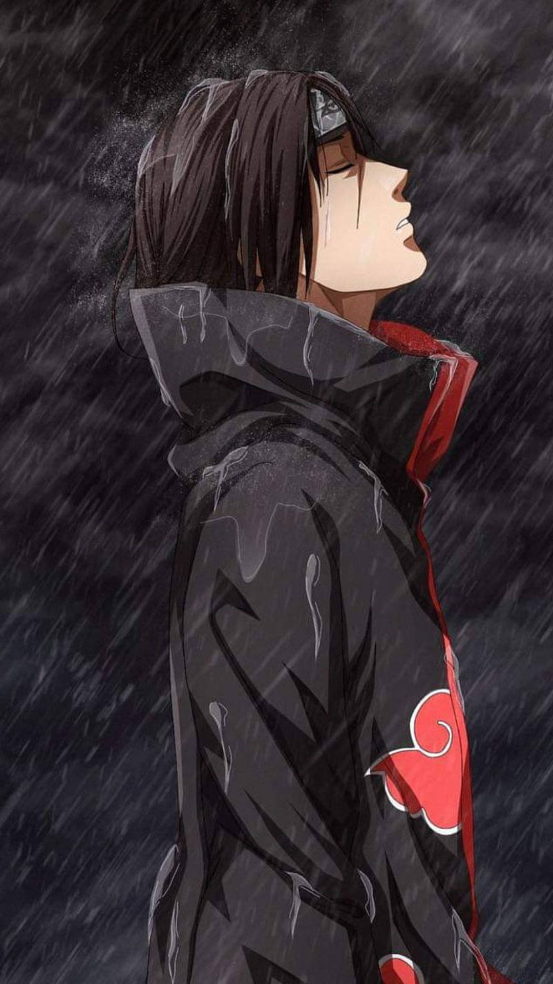 雨中身穿帶有紅色雲紋黑色斗篷的動漫角色