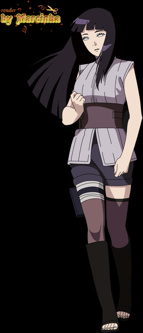 《火影忍者》日向雛田 壁紙 — 動漫女孩，長長的黑髮和紫色頭帶，自信地站在黑色背景前，穿著忍者服裝。