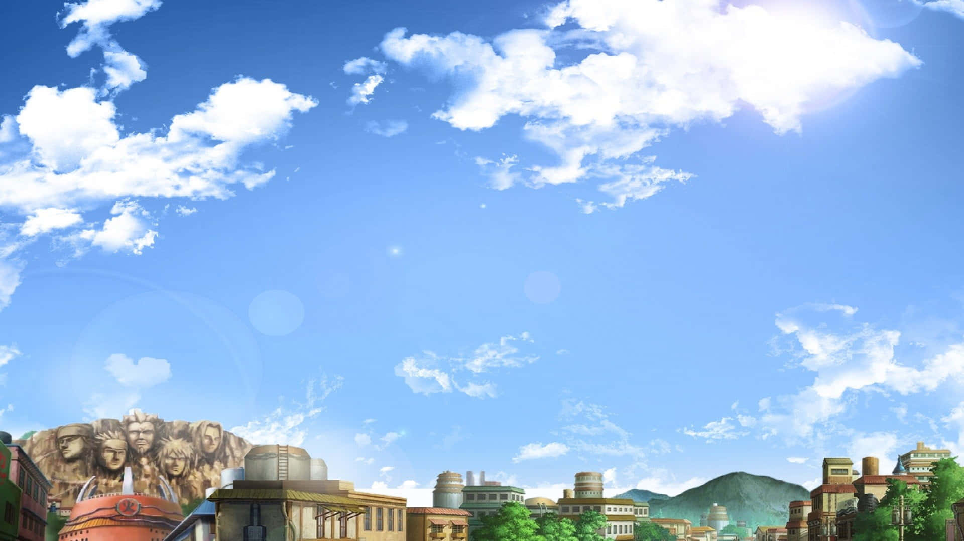 《火影忍者》村莊的風景之美 壁紙 — 一個充滿活力的動漫風格小鎮，坐落於明亮的藍天下，有蓬鬆的白雲和遠處的綠色山丘。