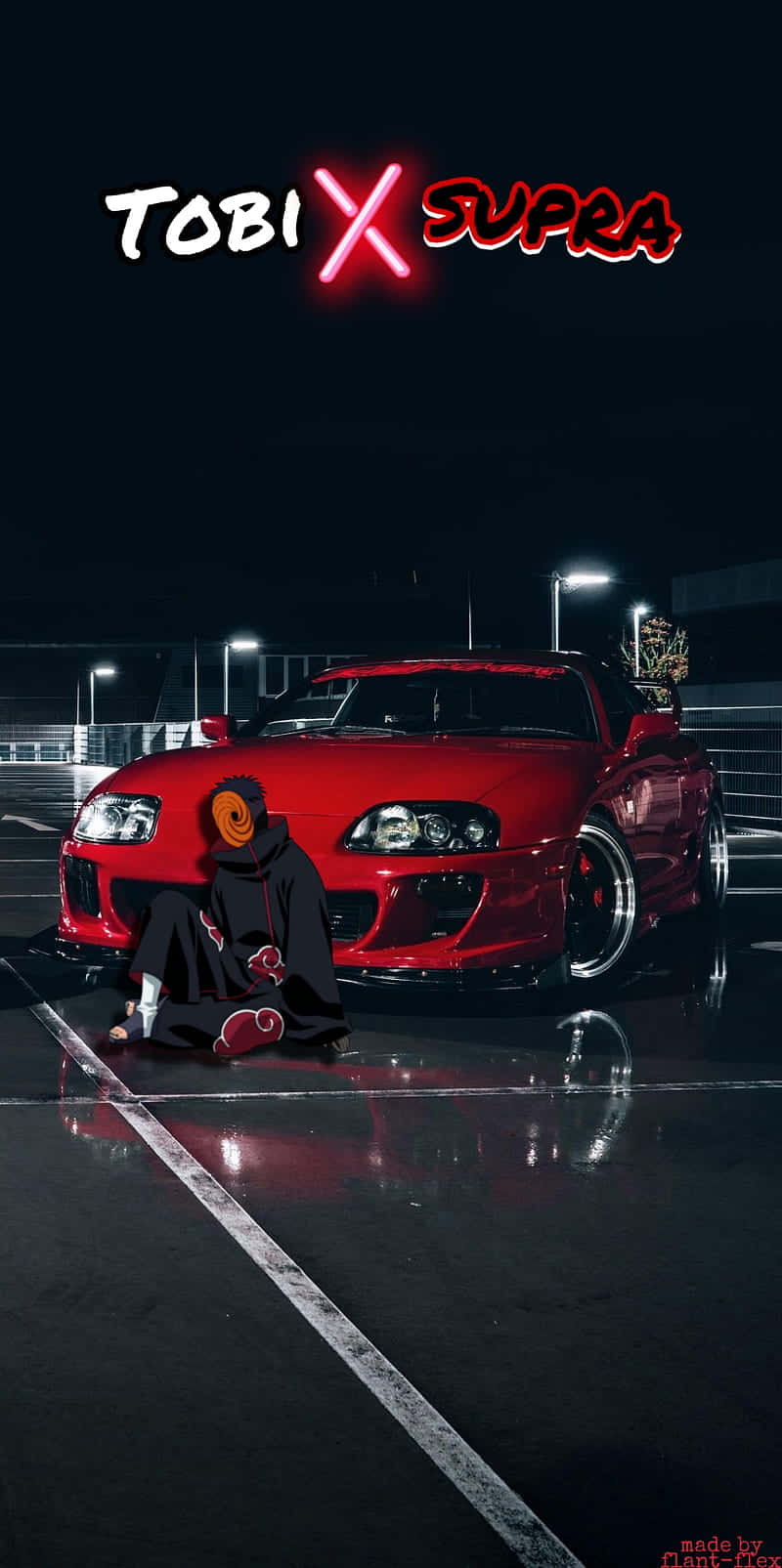 動畫角色 Tobi 坐在霓虹燈下濕漉漉的停車場中，一輛紅色 Supra 車旁。