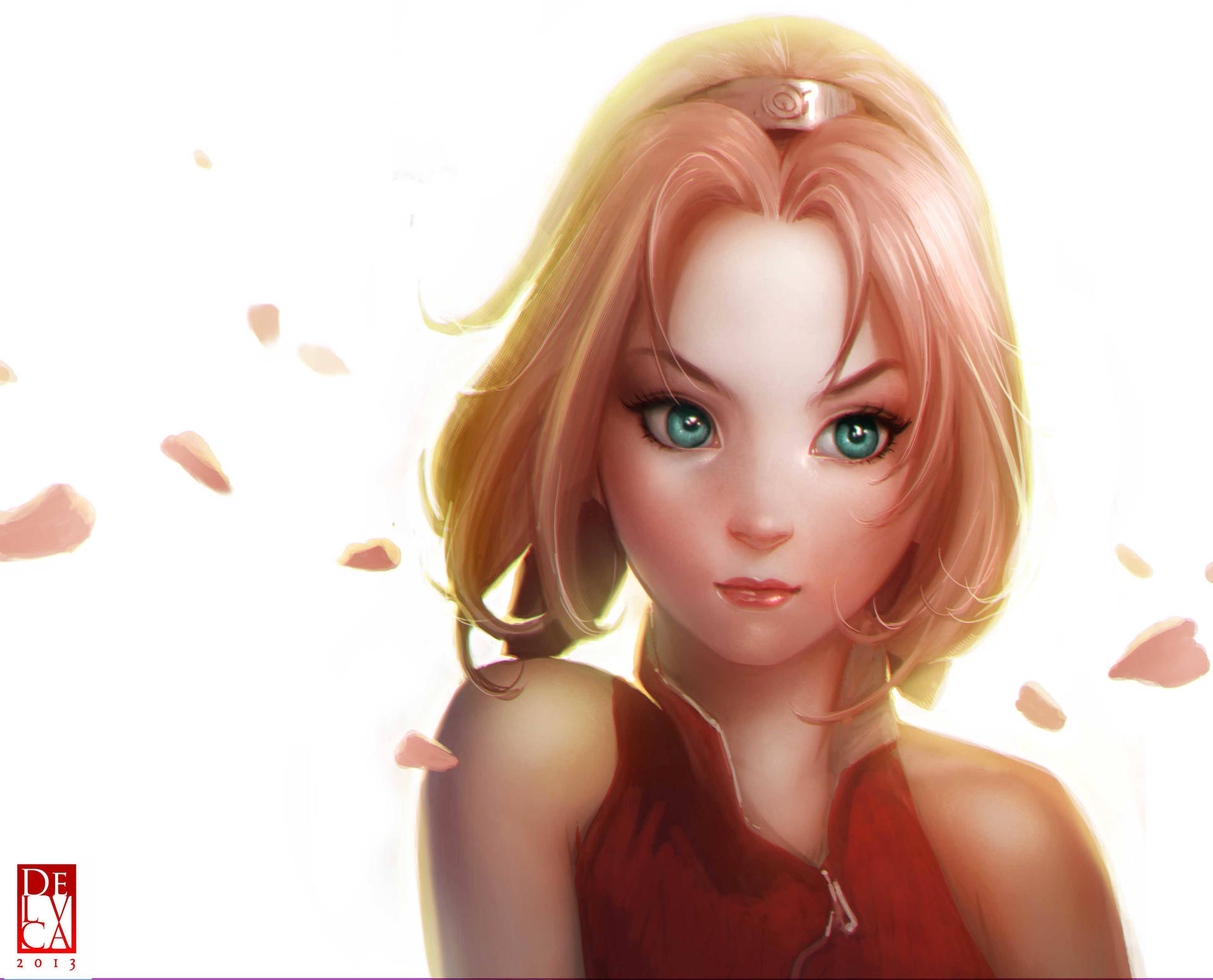 《火影忍者》櫻花3D藝術 壁紙 — 一位寧靜的動漫女孩，金髮碧眼（青綠色），在明亮的光芒中，粉紅色花瓣飄落，她溫柔地凝視著。