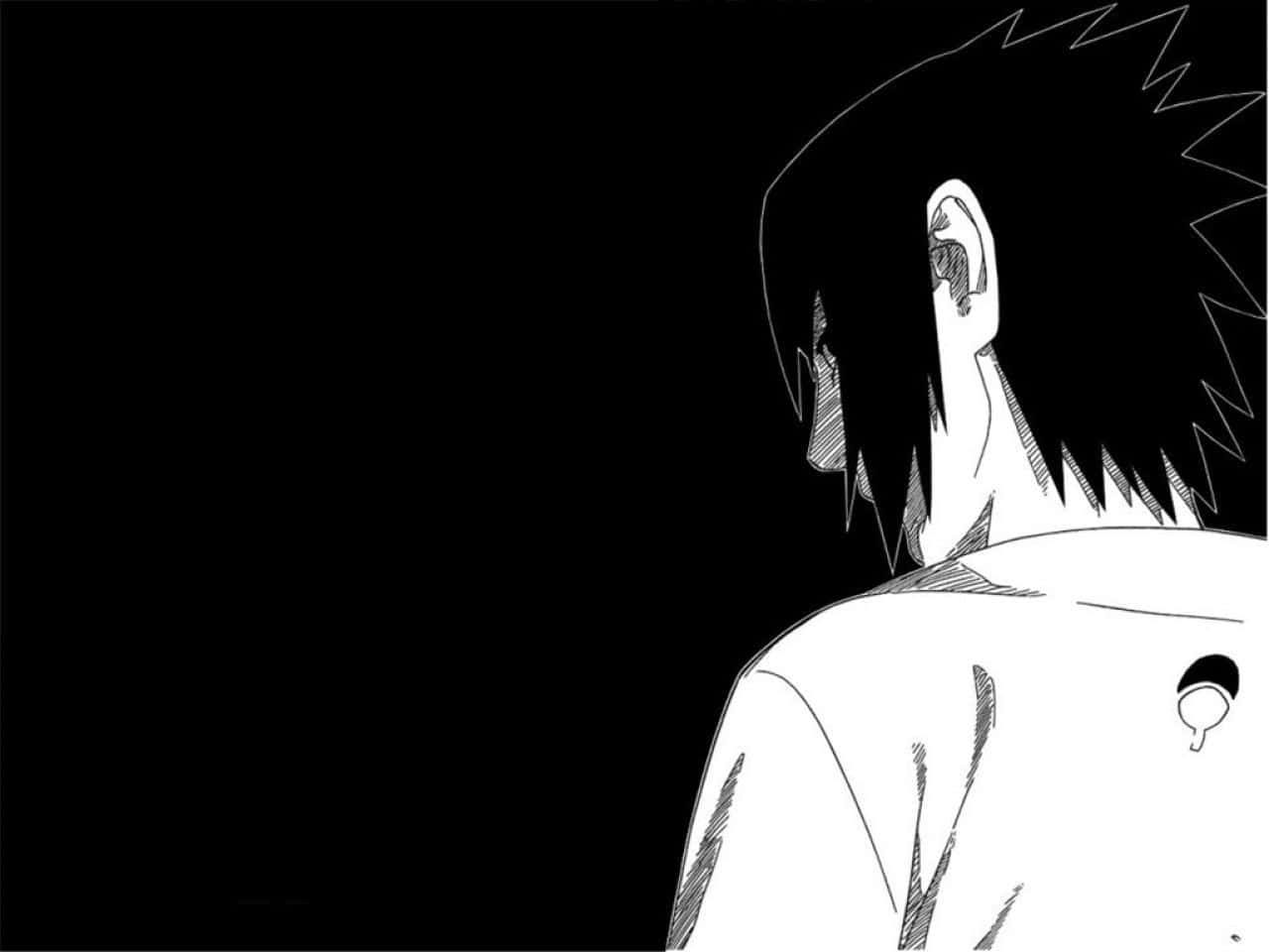 《火影忍者》的力量——超凡能力釋放！ 壁紙 — 一個黑白動漫角色從背後展示，背景為純黑色，肩膀上有一個可見的紋身。