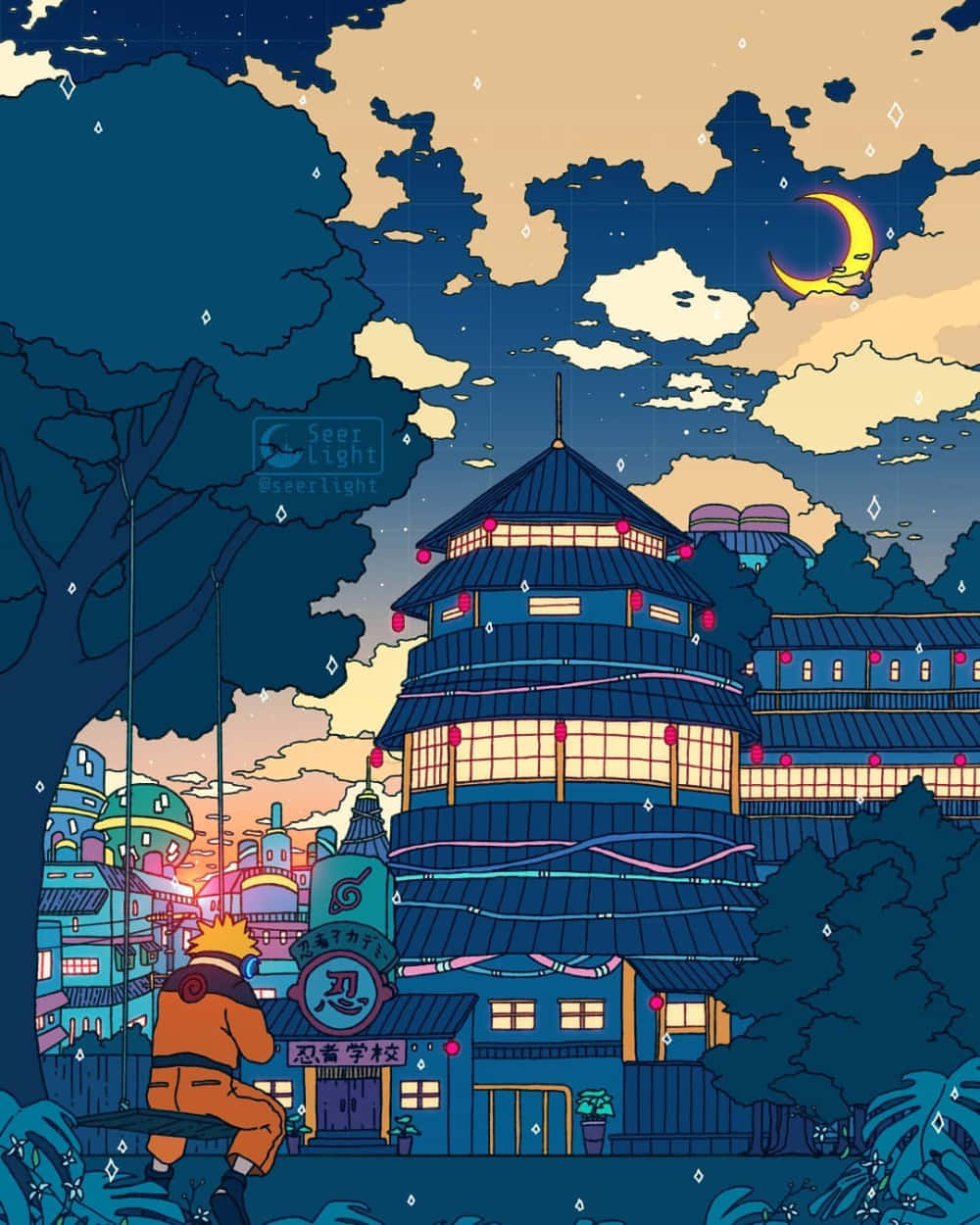 穿著橙色服裝的忍者坐在新月下發光的藍色塔前。