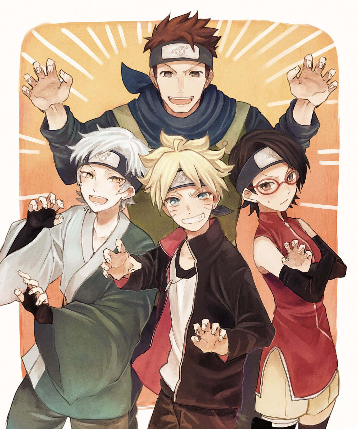 四個動漫忍者角色微笑並舉手擺姿勢。