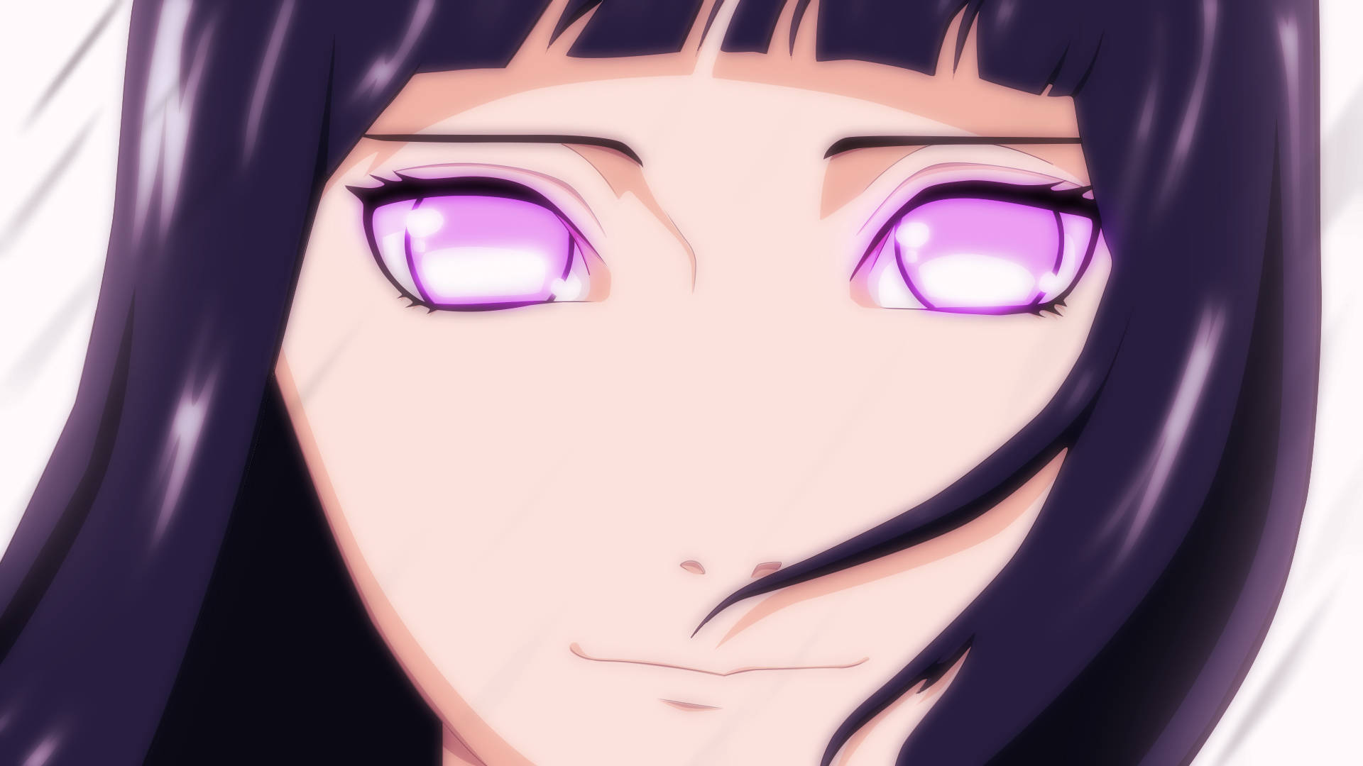 《火影忍者》系列中的神秘日向雛田 壁紙 — 動漫少女特寫，擁有發光的紫色眼睛和深色頭髮，背景為明亮的白色。