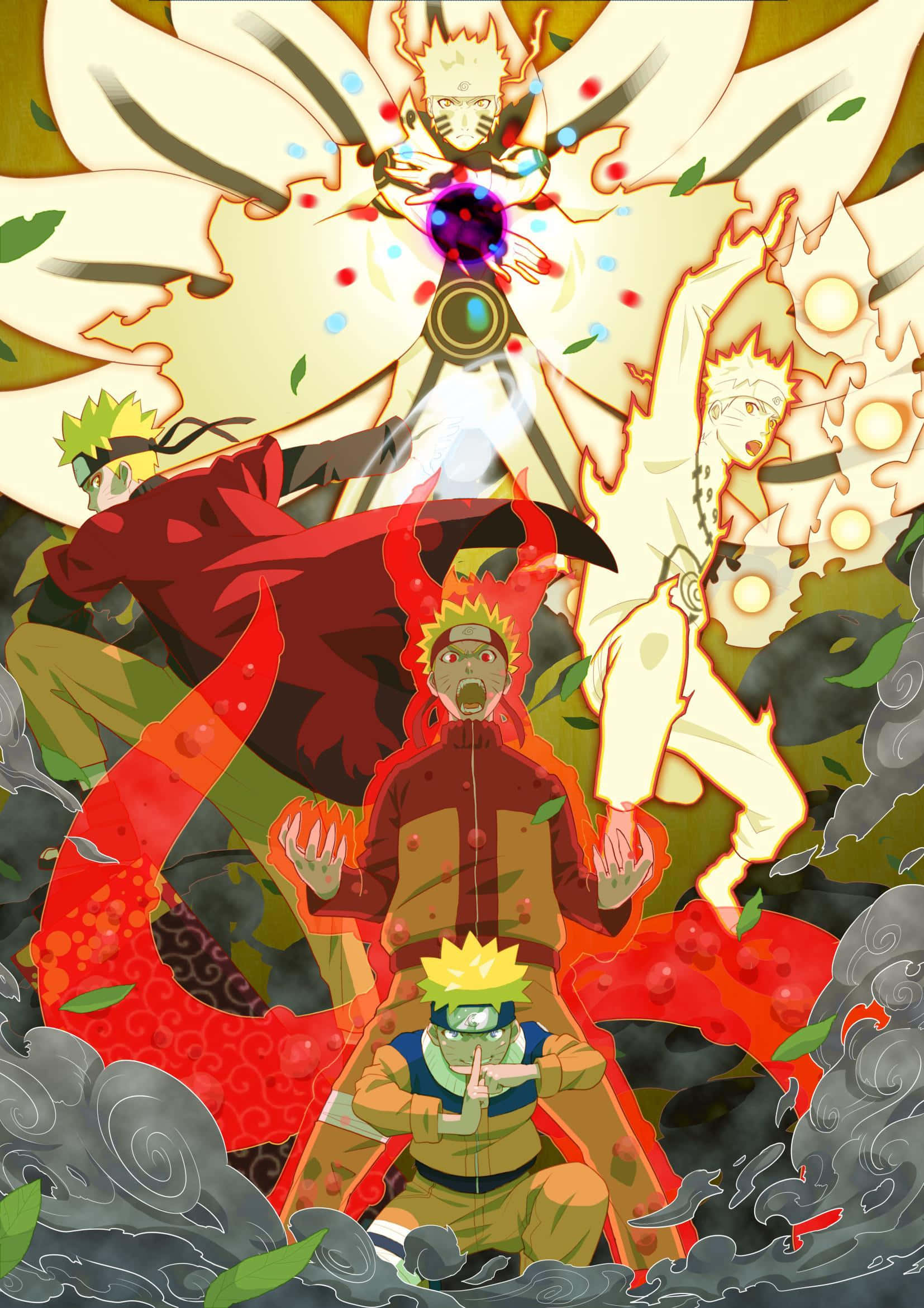 Naruto Sage Mode 桌布 壁紙 — 《火影忍者》角色在動態動漫戰鬥場景中釋放強大的查克拉技巧，伴隨著旋轉的雲朵和發光的能量。