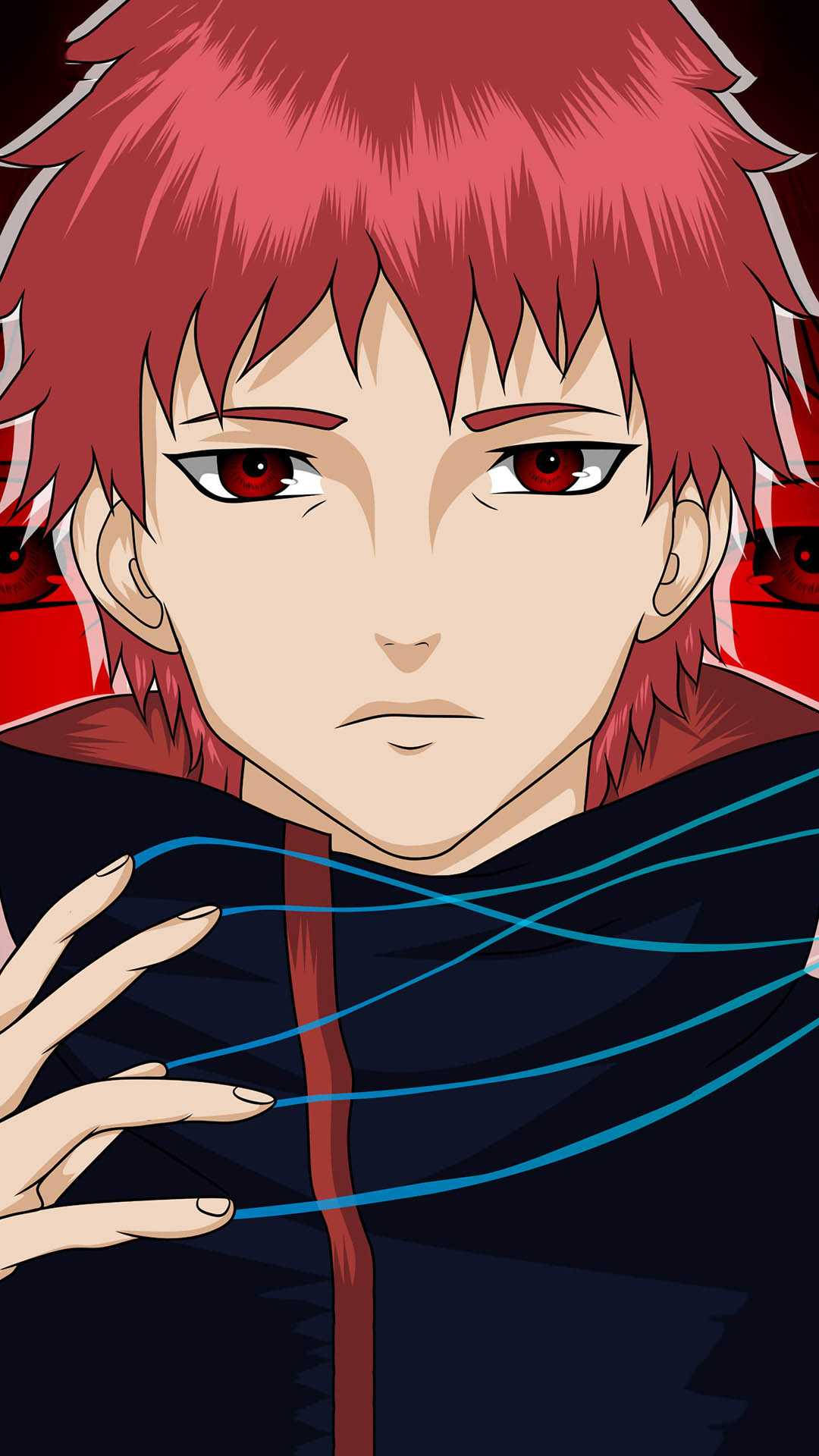 《火影忍者》赤眼傀儡師 Sasori 壁紙 — 一個特寫的動漫角色，擁有尖刺的紅髮和強烈的紅眼睛，穿著一件帶有藍色線條流動的黑色斗篷。