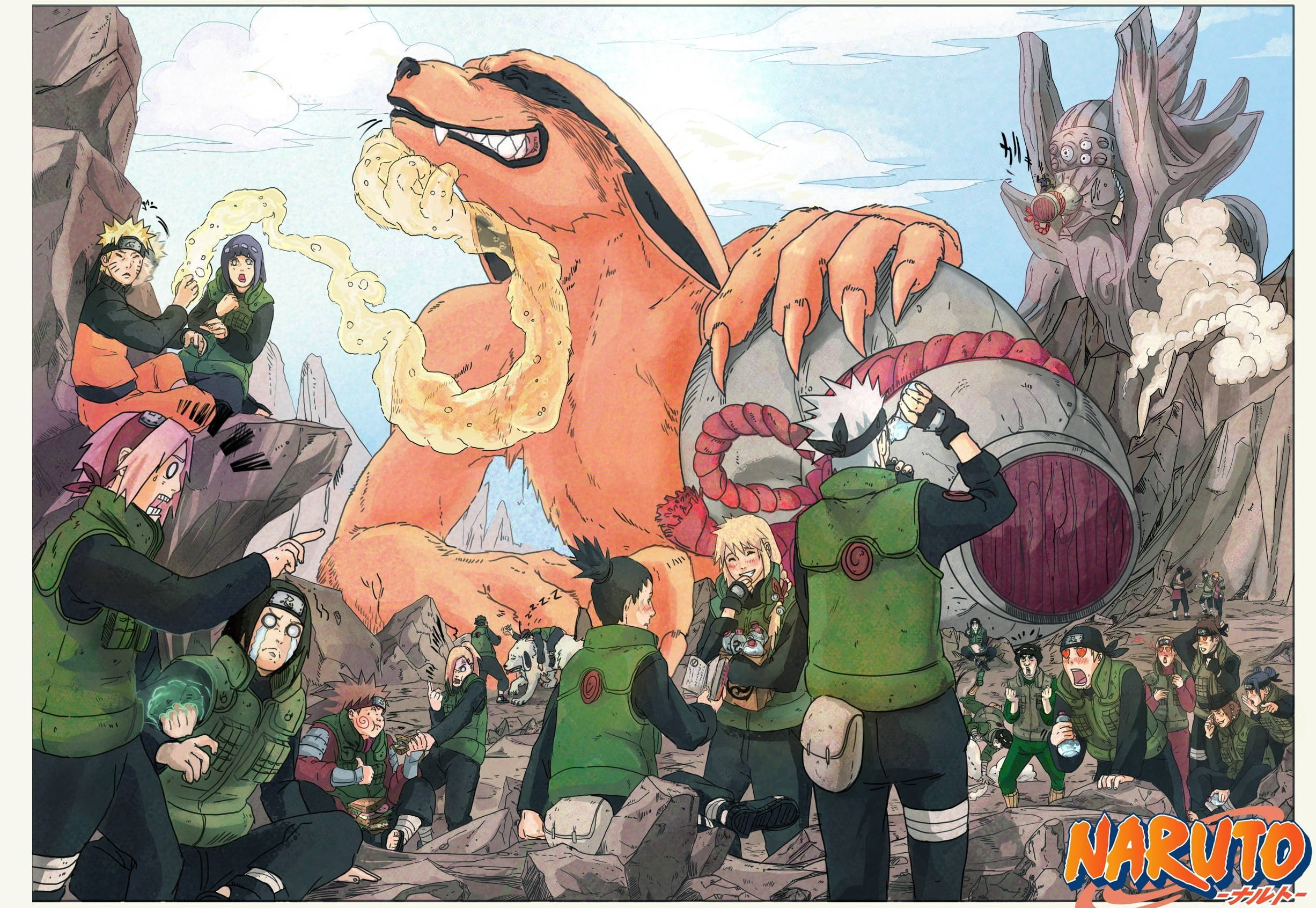 火影忍者 關鍵角色海報 壁紙 — Naruto角色在晴朗天空下的岩石山區地形中對抗巨型橙色狐狸和石巨人。
