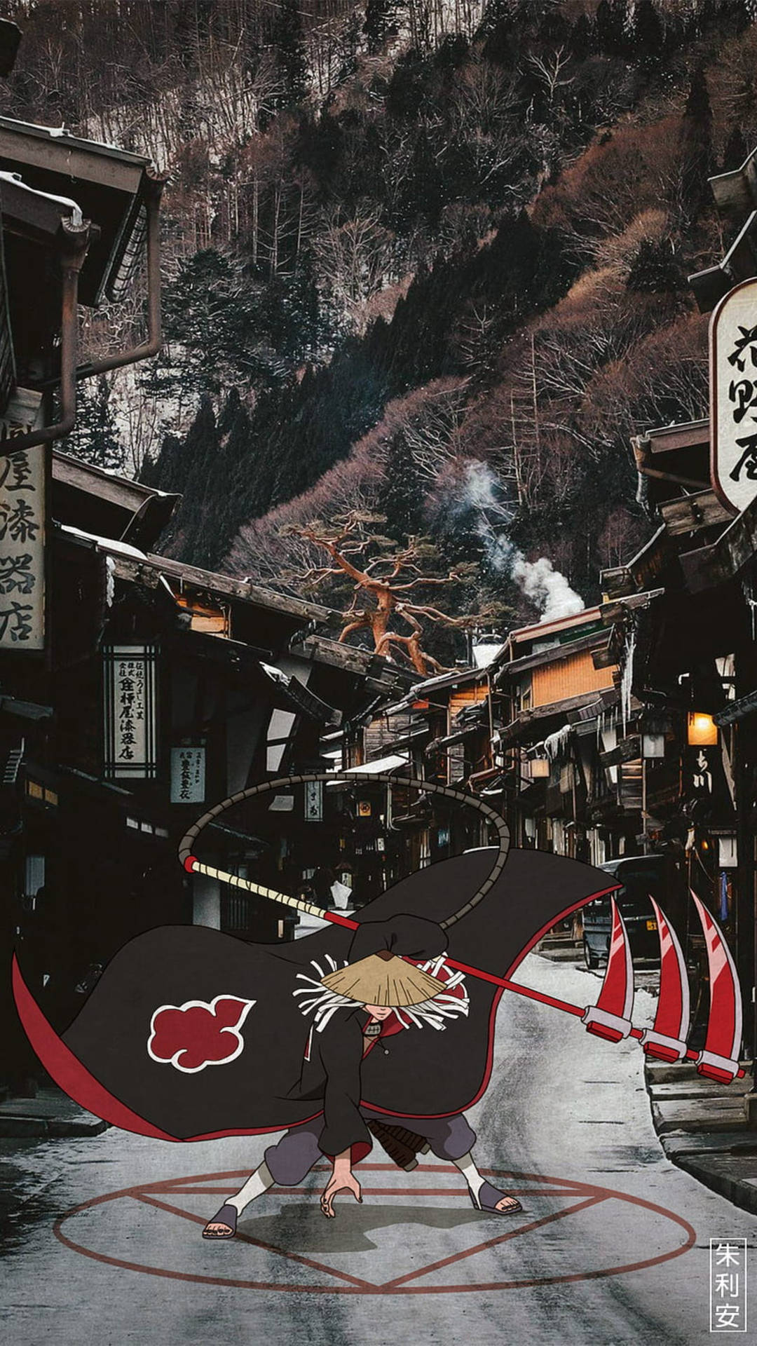 穿著黑色斗篷的動畫忍者在雪地日本山村街道上奔跑。