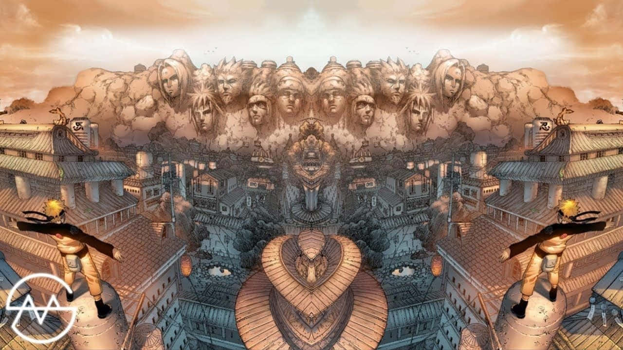 兩個動漫忍者站在屋頂上，面對一個巨大的石頭紀念碑，上面有雕刻的臉孔，背景是日落天空。