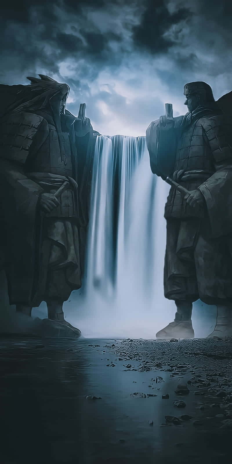 兩尊身穿鎧甲的雕像在黑暗的天空下，面對面站在發光瀑布旁。