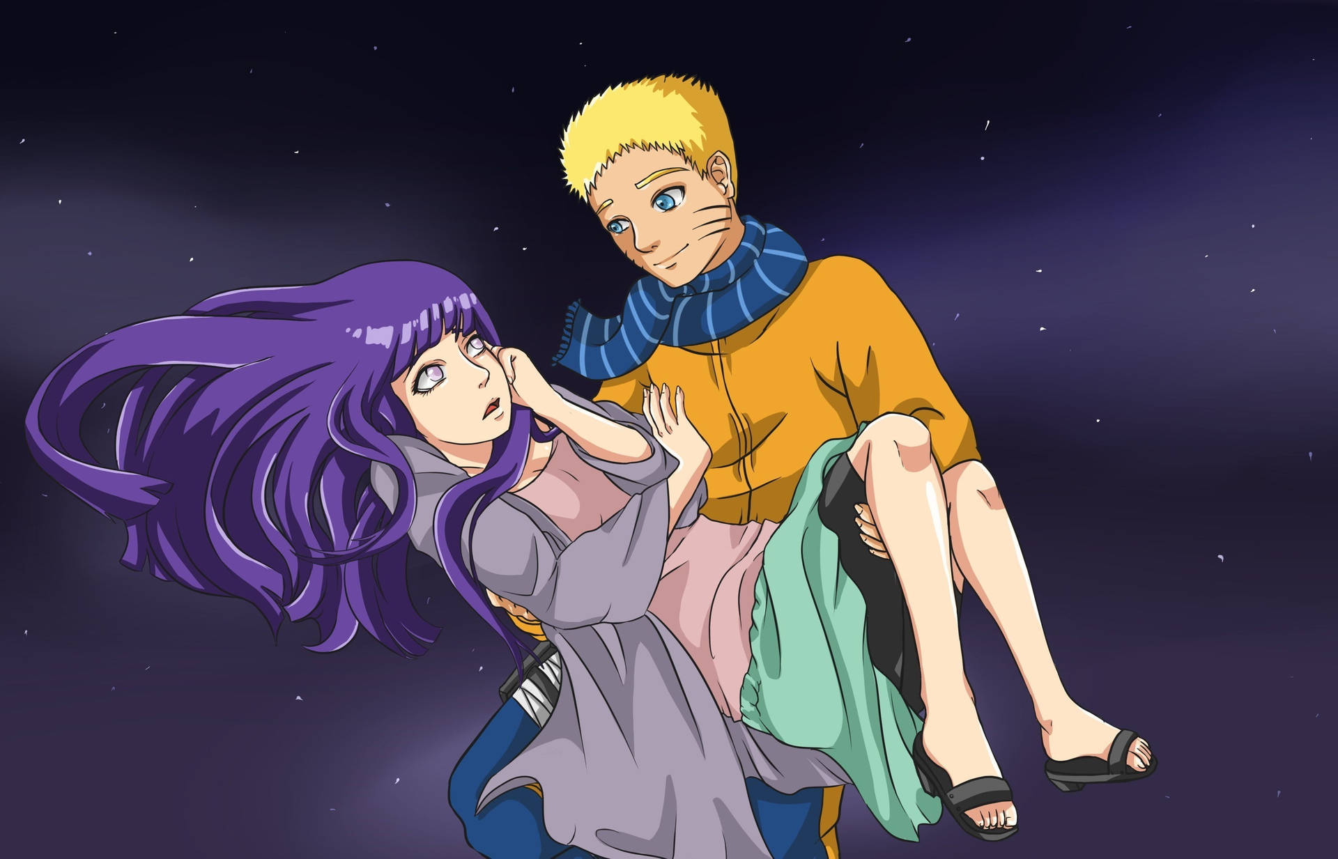 火影忍者 鳴人抱著日向雛田 壁紙 — 一個金髮動漫男孩帶著一個紫髮女孩穿過星空夜空，表情溫柔。