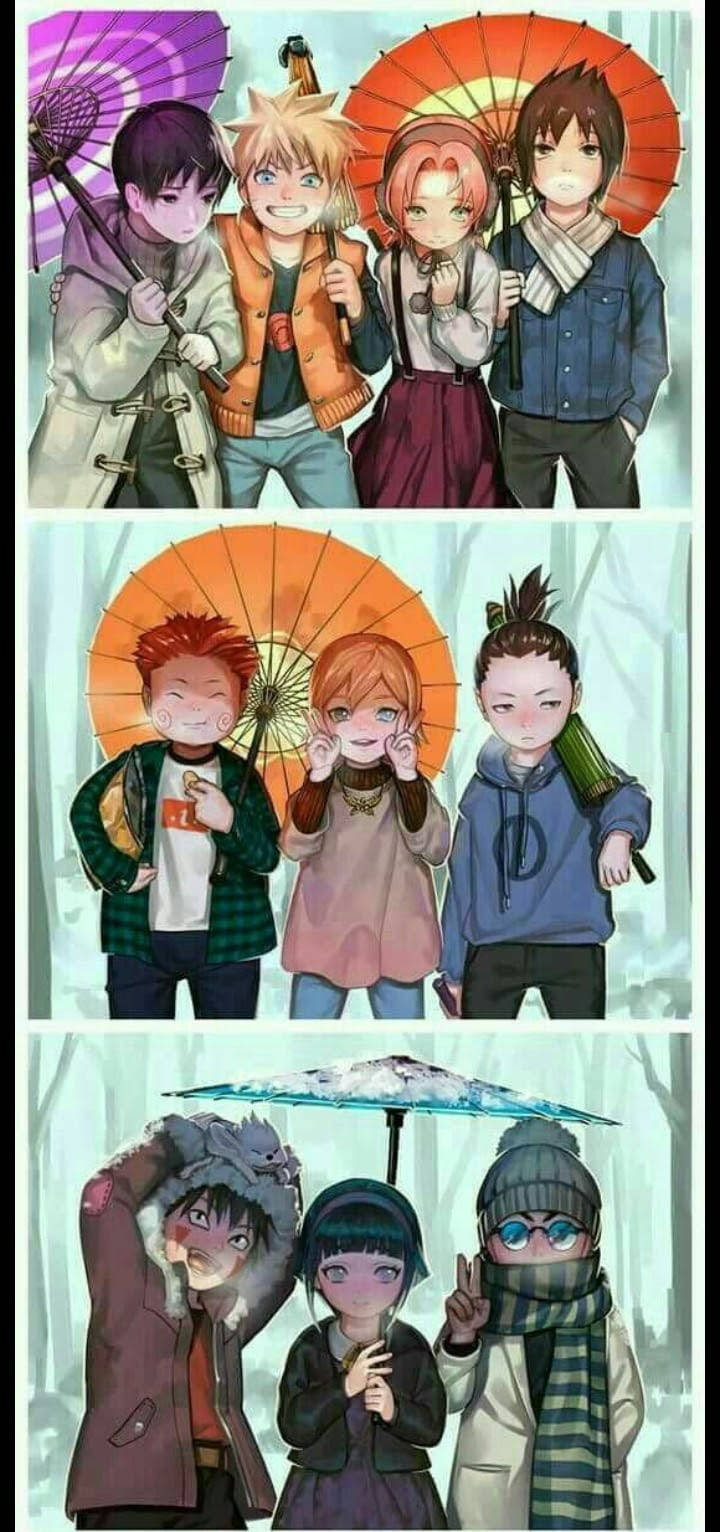 四個動漫角色穿著冬裝在雪景中手持雨傘。