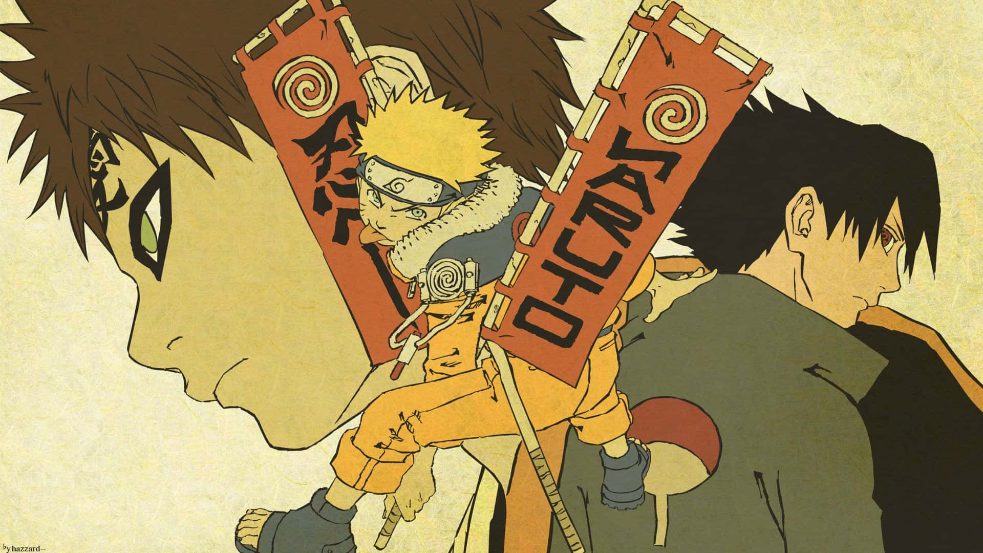 三個動漫角色，橫幅上寫有「NARUTO」和漢字