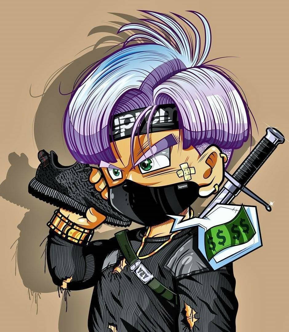 火影忍者化身特蘭克斯 壁紙 — 一個風格化的動漫角色，紫色頭髮和面具，拿著運動鞋和金錢，同時揮舞著劍。