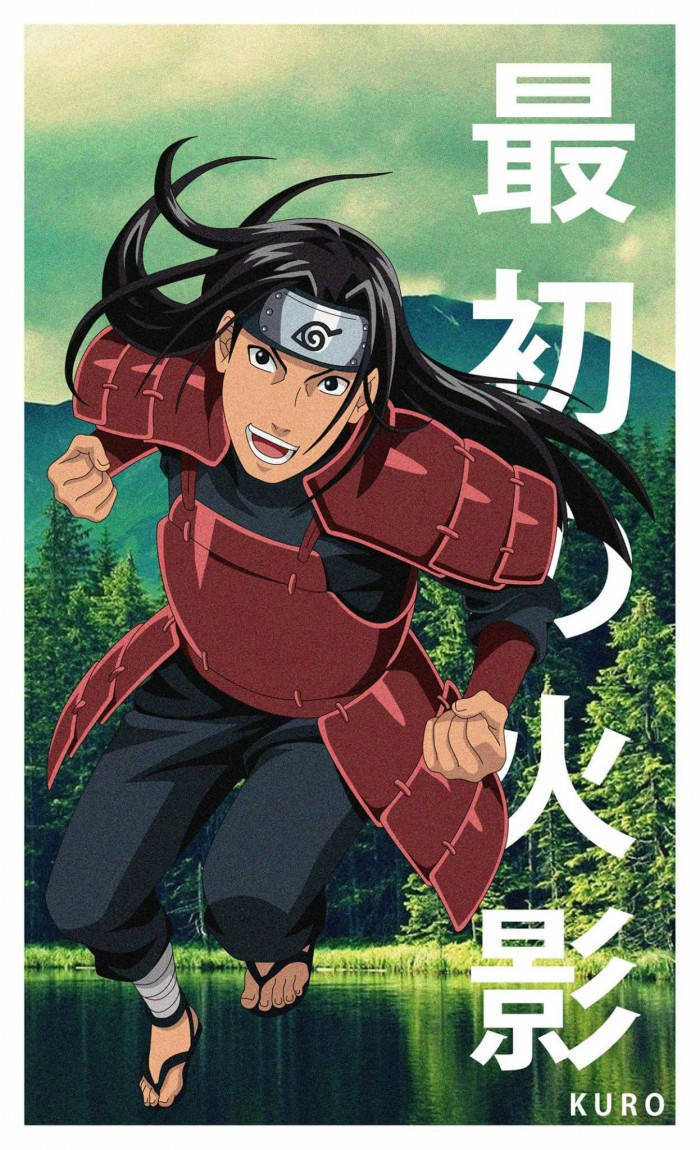 穿著紅色盔甲的動漫忍者穿過森林，帶有日文字。
