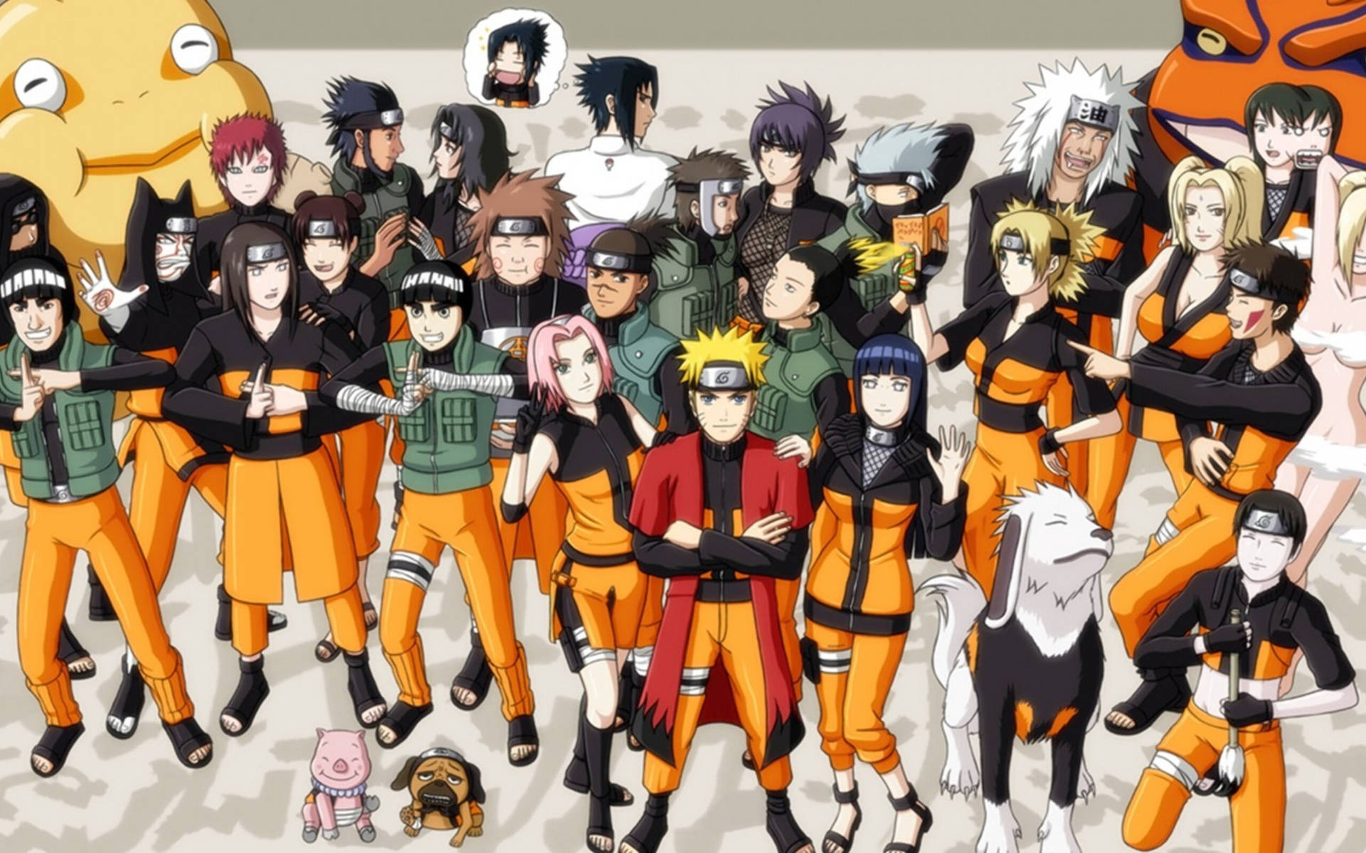 來自Naruto的動畫角色穿著忍者裝備與寵物擺姿勢。