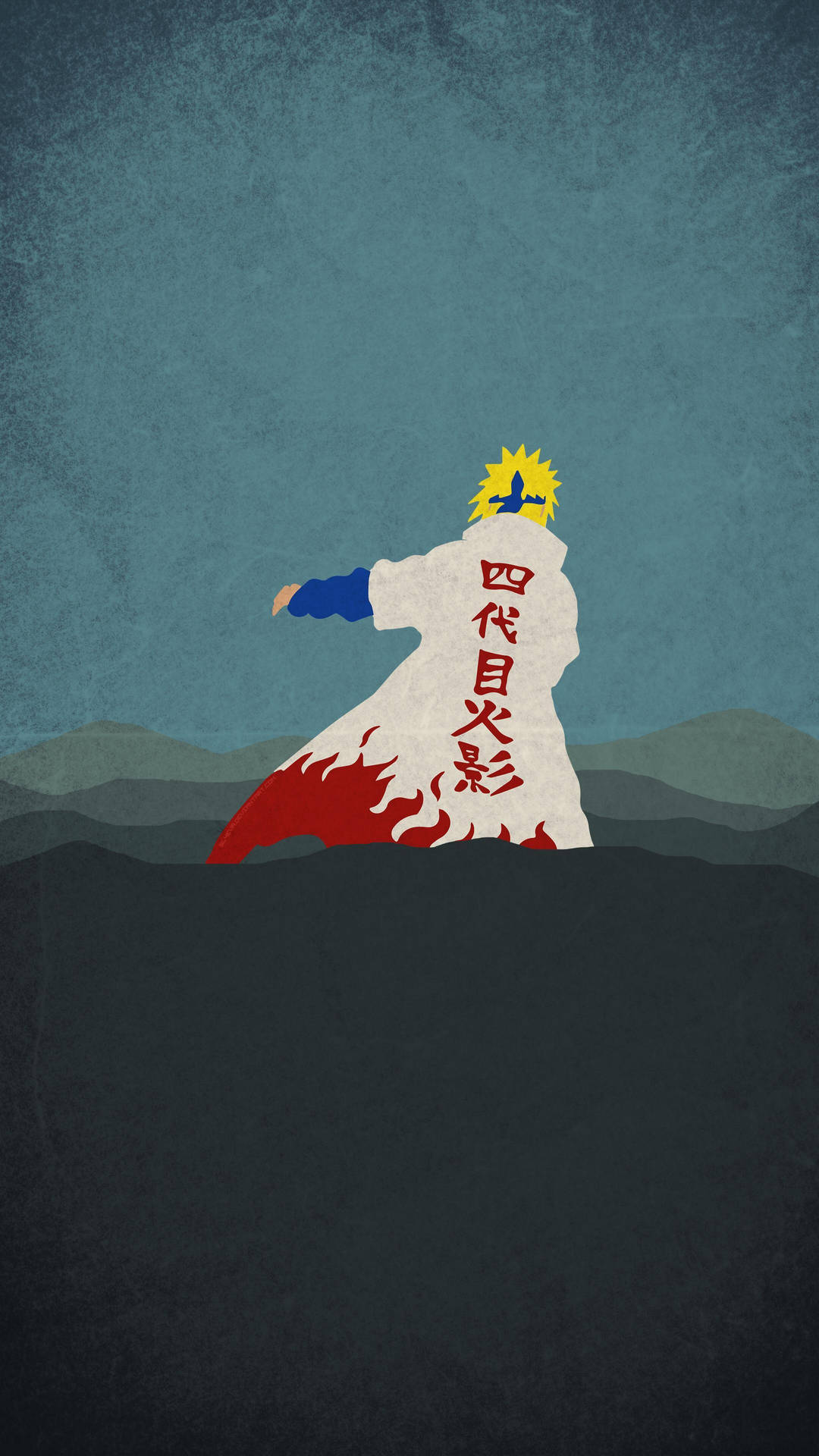 身穿白色斗篷、帶紅色火焰的動漫忍者，在黃昏時站在山丘上。
