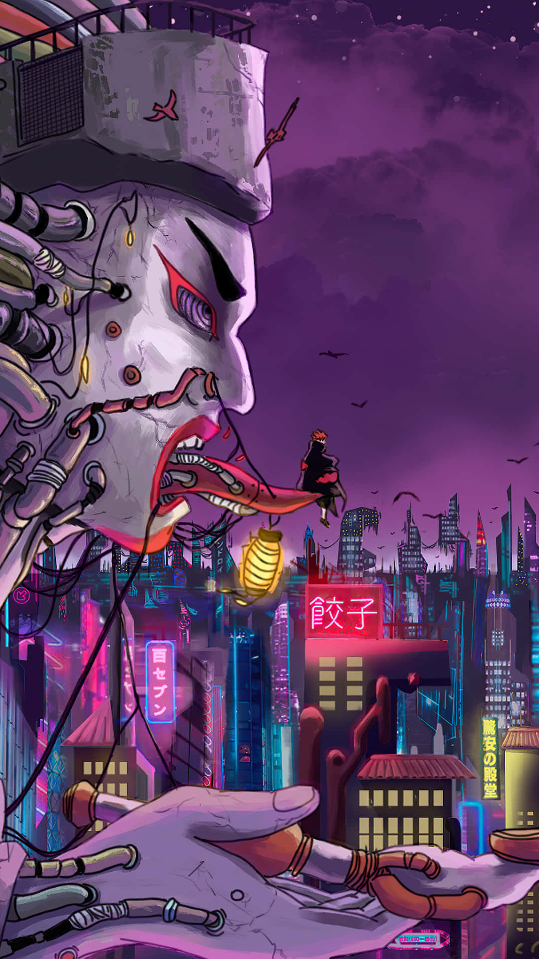 巨大的機械人臉聳立在夜晚發光的霓虹城市之上。
