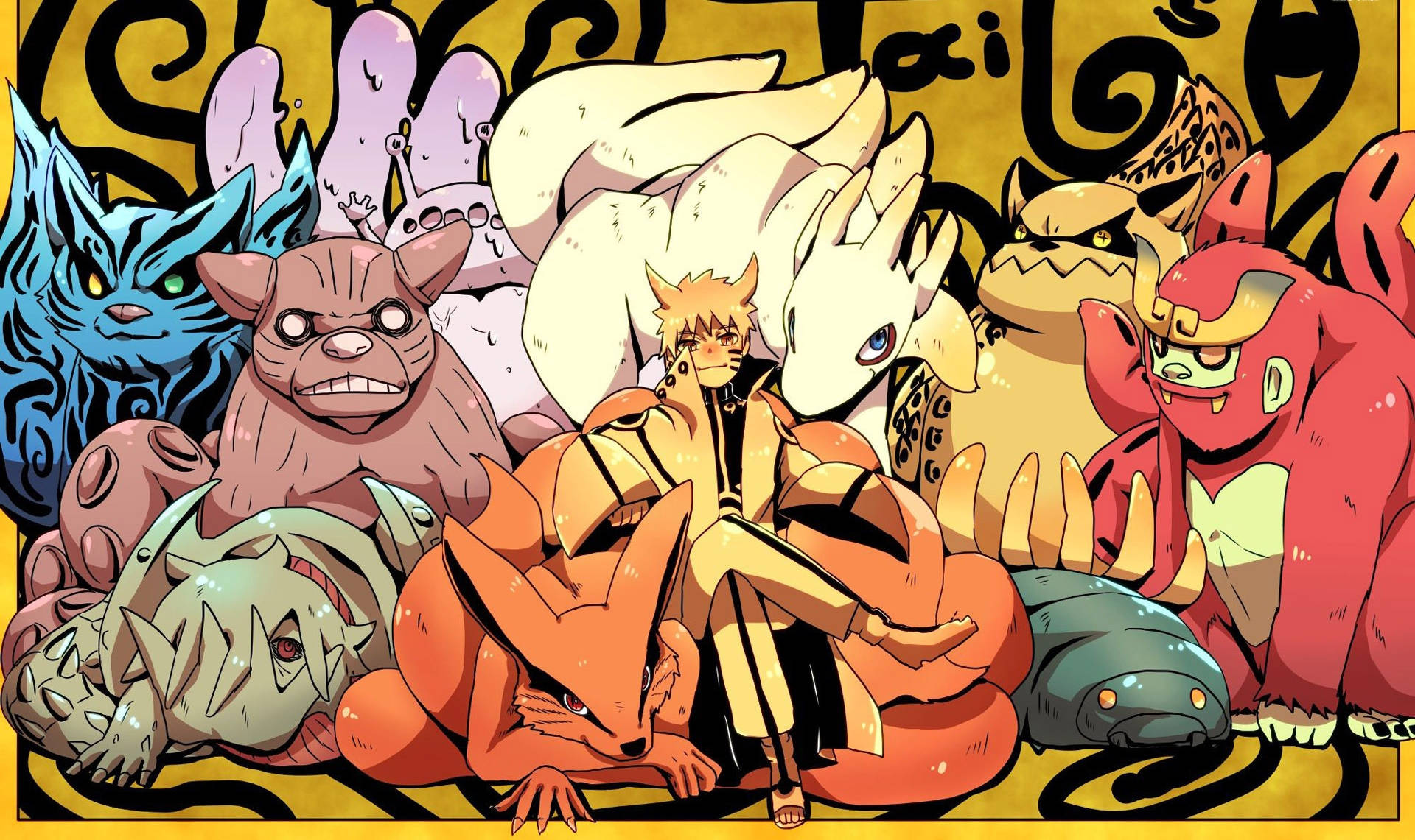 火影忍者與九尾妖狐海報 壁紙 — 一幅充滿活力的動畫插圖，描繪鳴人被他的九隻強大尾獸包圍，背景是旋轉的金色。