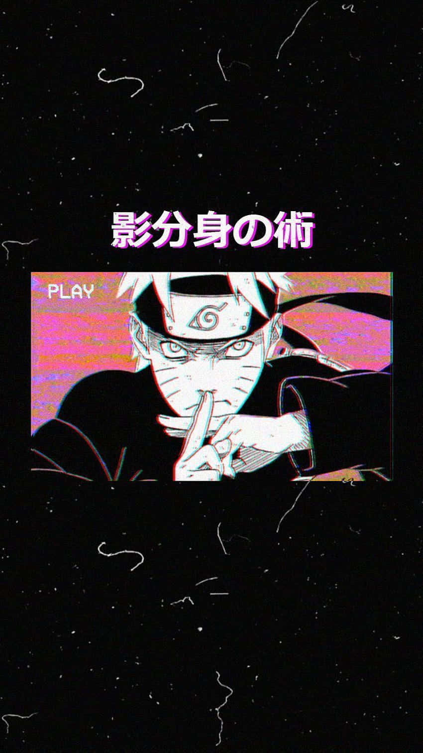 動漫忍者施展影分身之術，帶有故障效果同粉紅色文字。