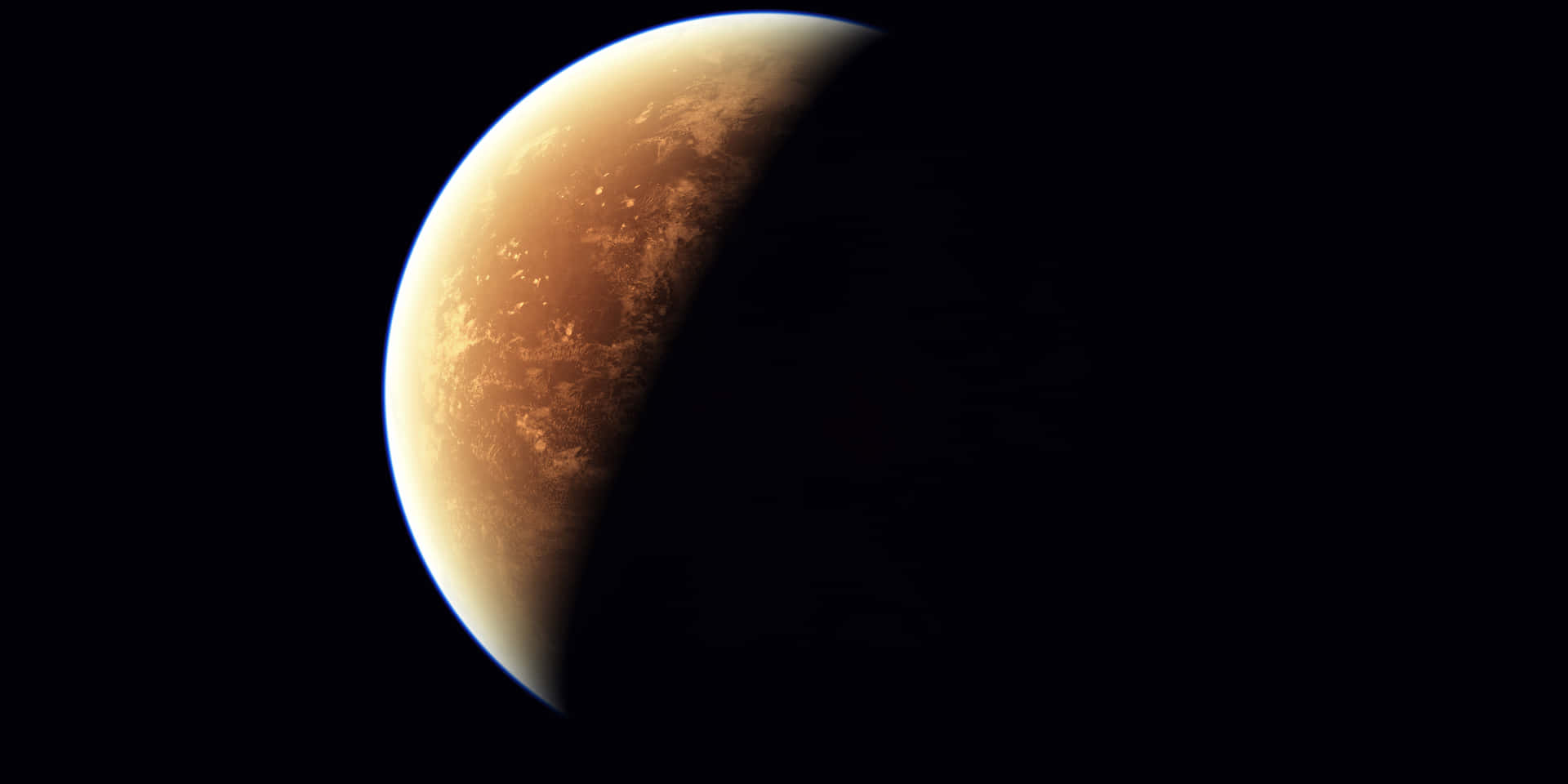 表面呈鐵鏽色的新月形行星在太空中發光。