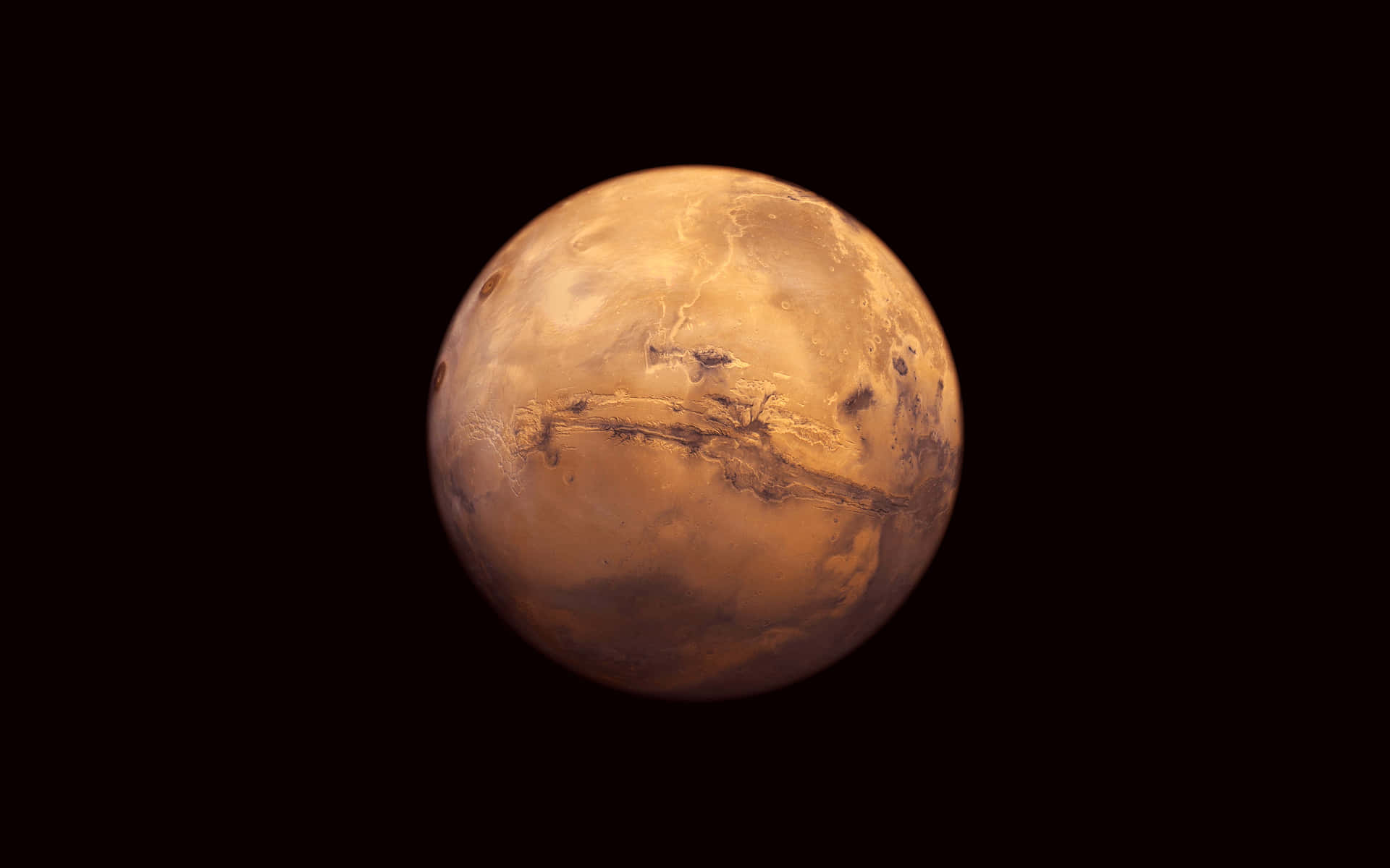 在黑色太空背景下，火星表面特徵清晰可見。