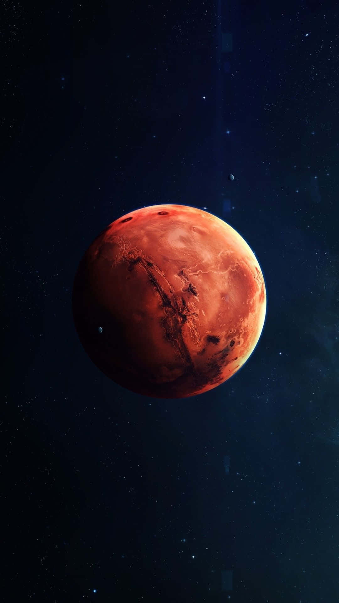 紅色行星火星在深空中閃耀，伴隨著遙遠的星星。