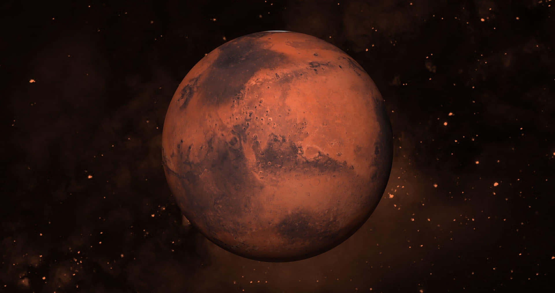 紅色行星火星漂浮在繁星點點的太空中，帶有宇宙塵埃粒子。