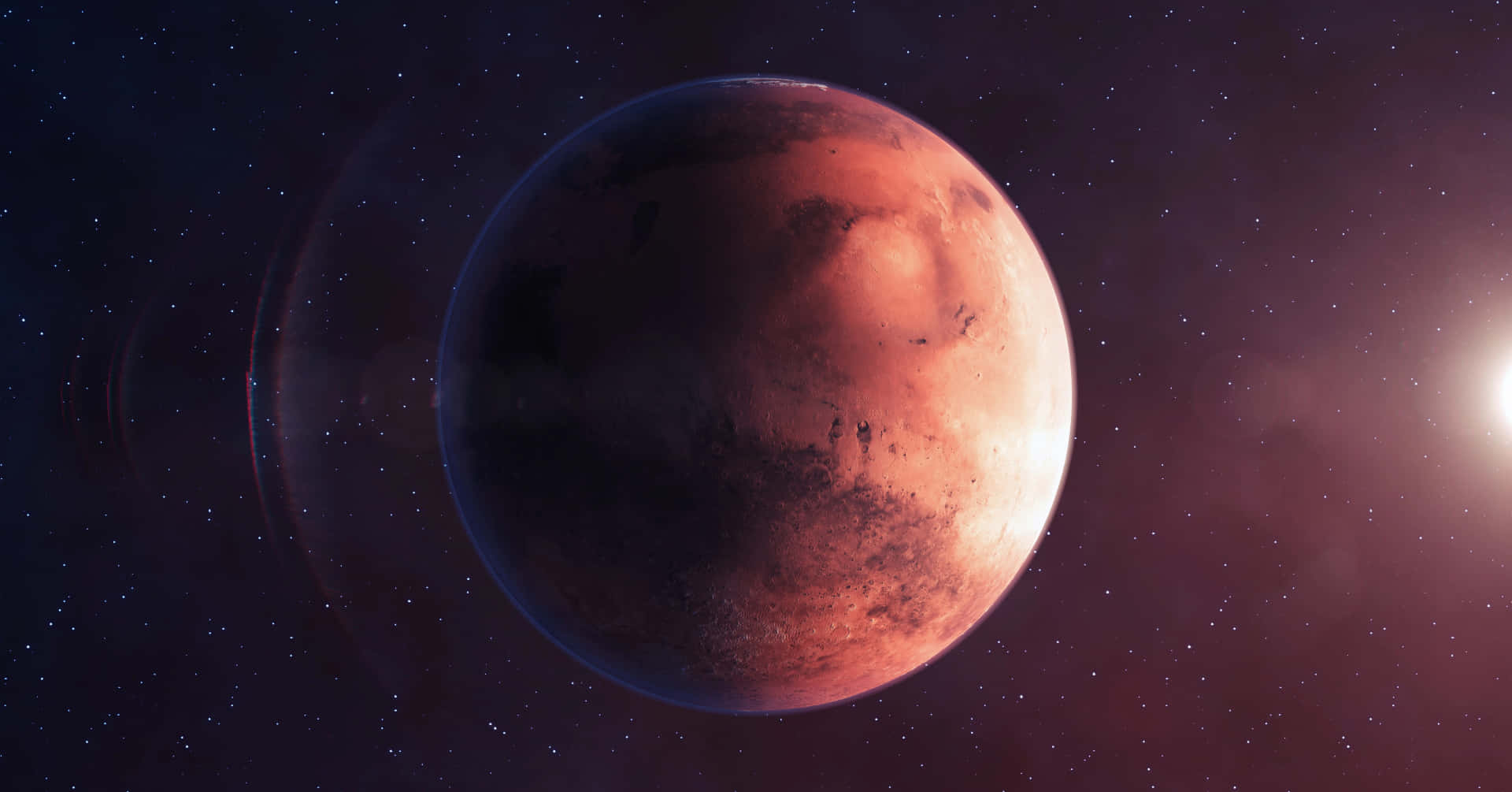在星光燦爛的太空場景中，明亮的太陽照亮了紅色行星火星。