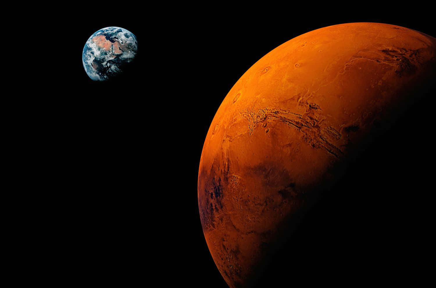 太空中的地球和火星，地球的藍色海洋和火星的鏽色表面。