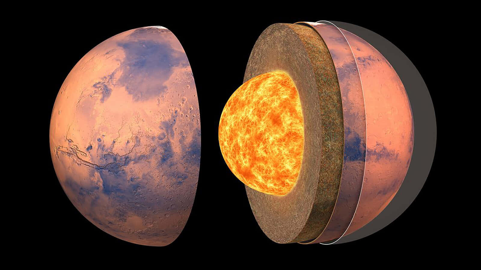 火星的橫截面視圖，顯示其內部層和表面。