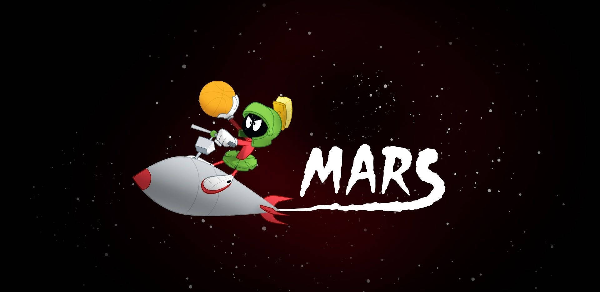 火星人馬文乘火箭 壁紙 — 火星人馬文駕駛火箭船穿越星空，並以粗體白色字母寫上「MARS」。