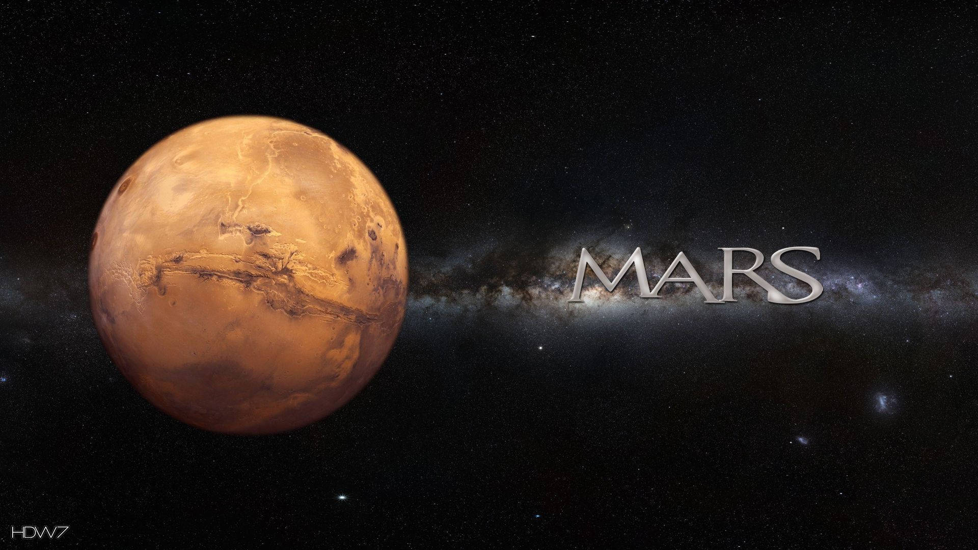 行星火星，帶有金屬字體的「MARS」字樣，背景是星光銀河。
