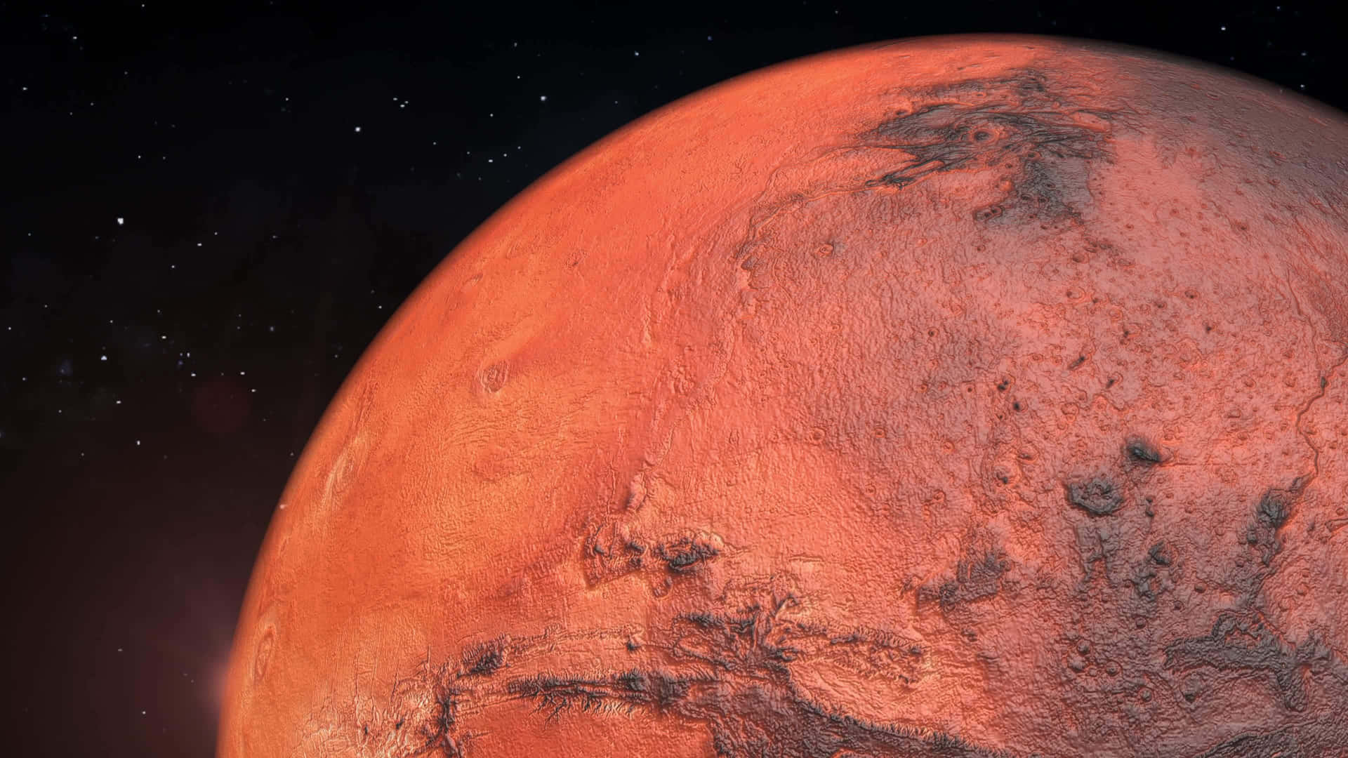  壁紙 — 火星嘅特寫視圖，喺星光閃爍嘅黑色天空同微妙大氣薄霧襯托下發出紅橙色光芒。