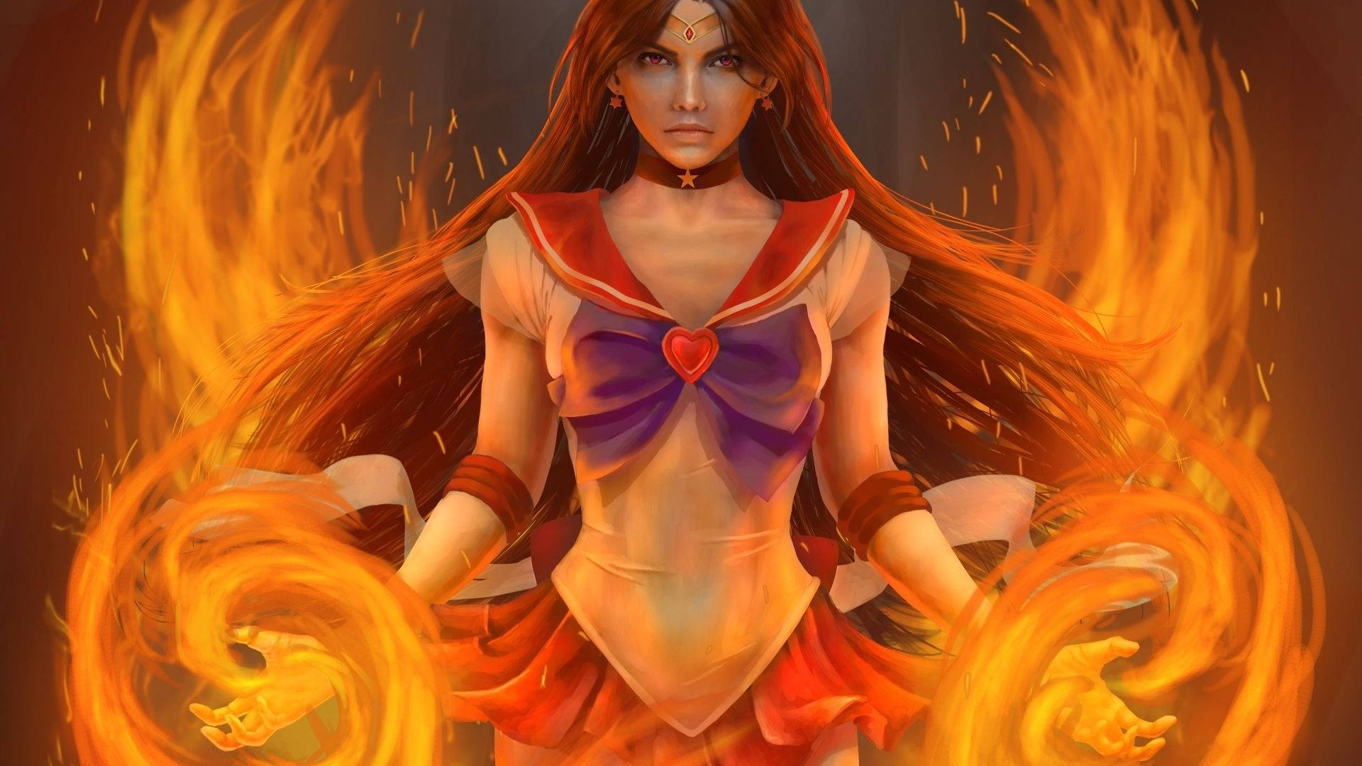 穿著水手服的動漫女孩被火焰包圍，施展魔法能量。