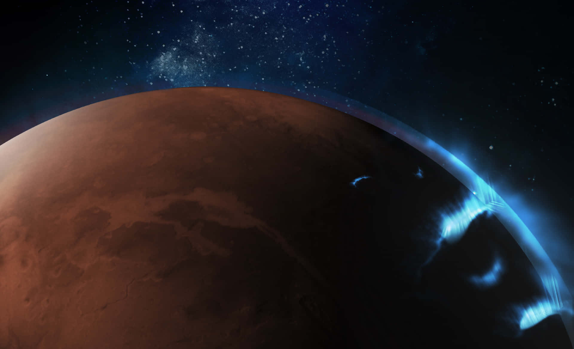 火星行星，帶有藍色大氣光芒和夜晚星空。