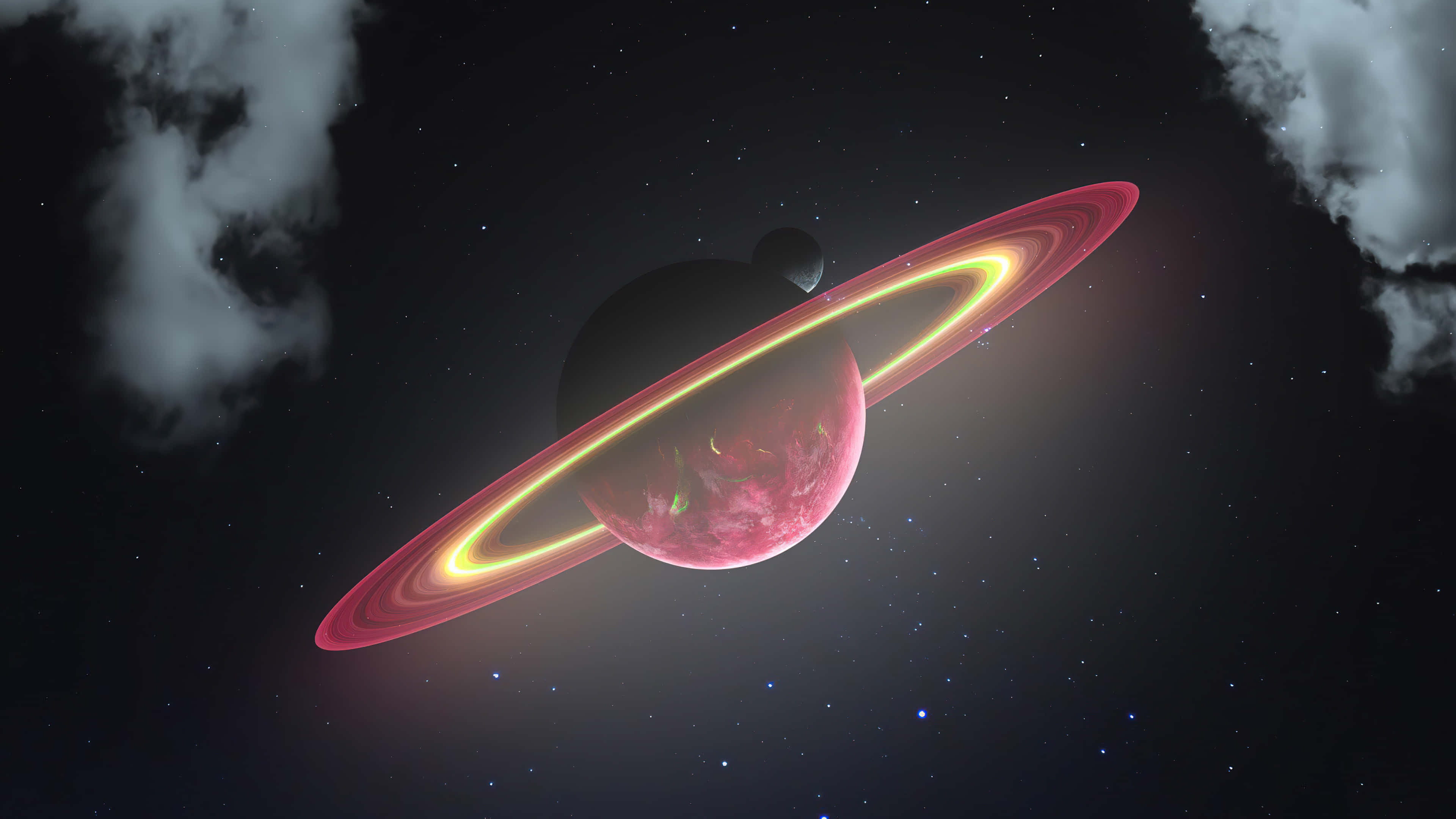 火星紅色地平線，繁星點綴夜空 壁紙 — 一顆發光的紅色行星帶有鮮豔的光環，漂浮在星空中，被宇宙雲層環繞。